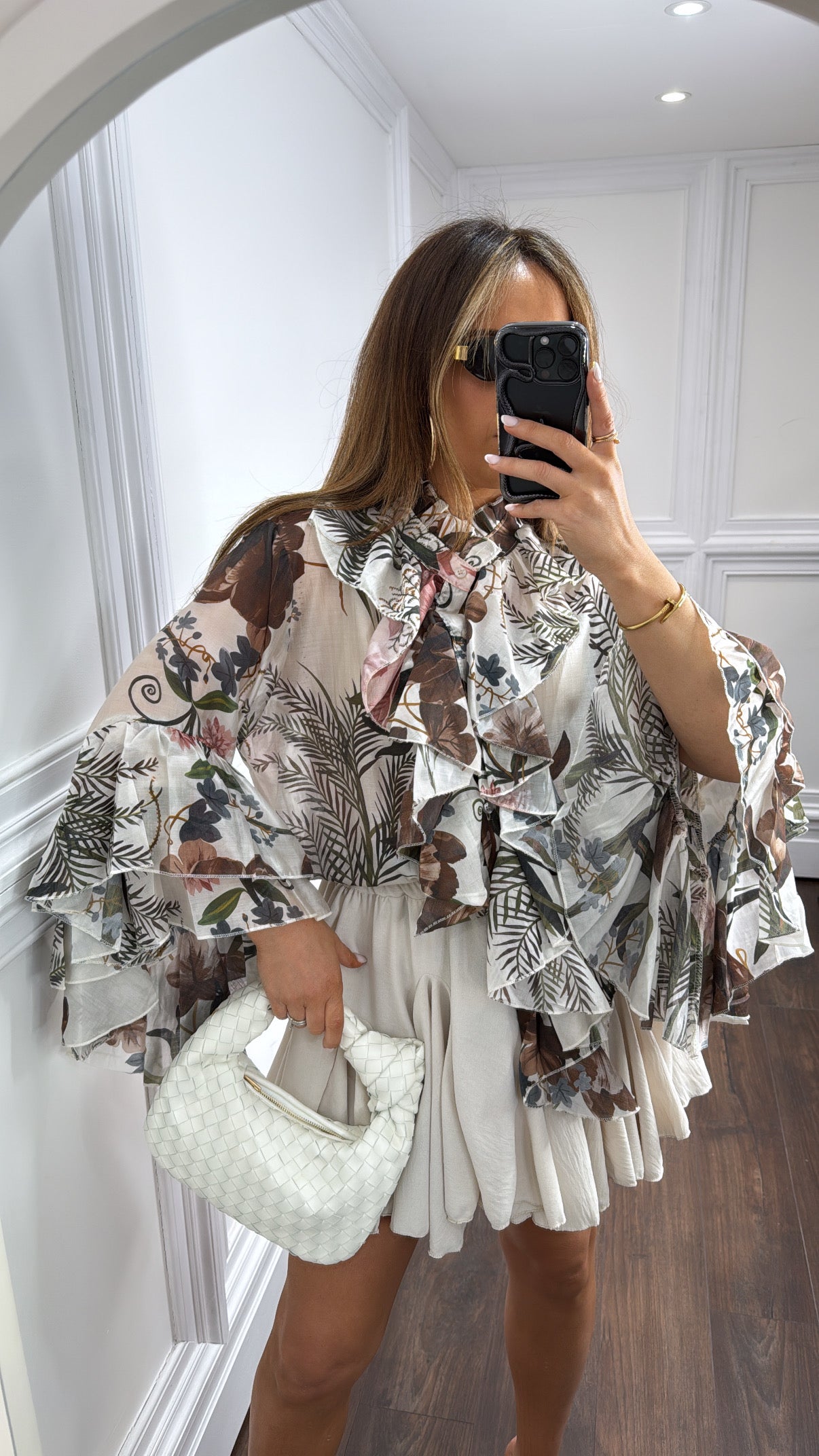 JESSICA white and brown floral ruffle blouse