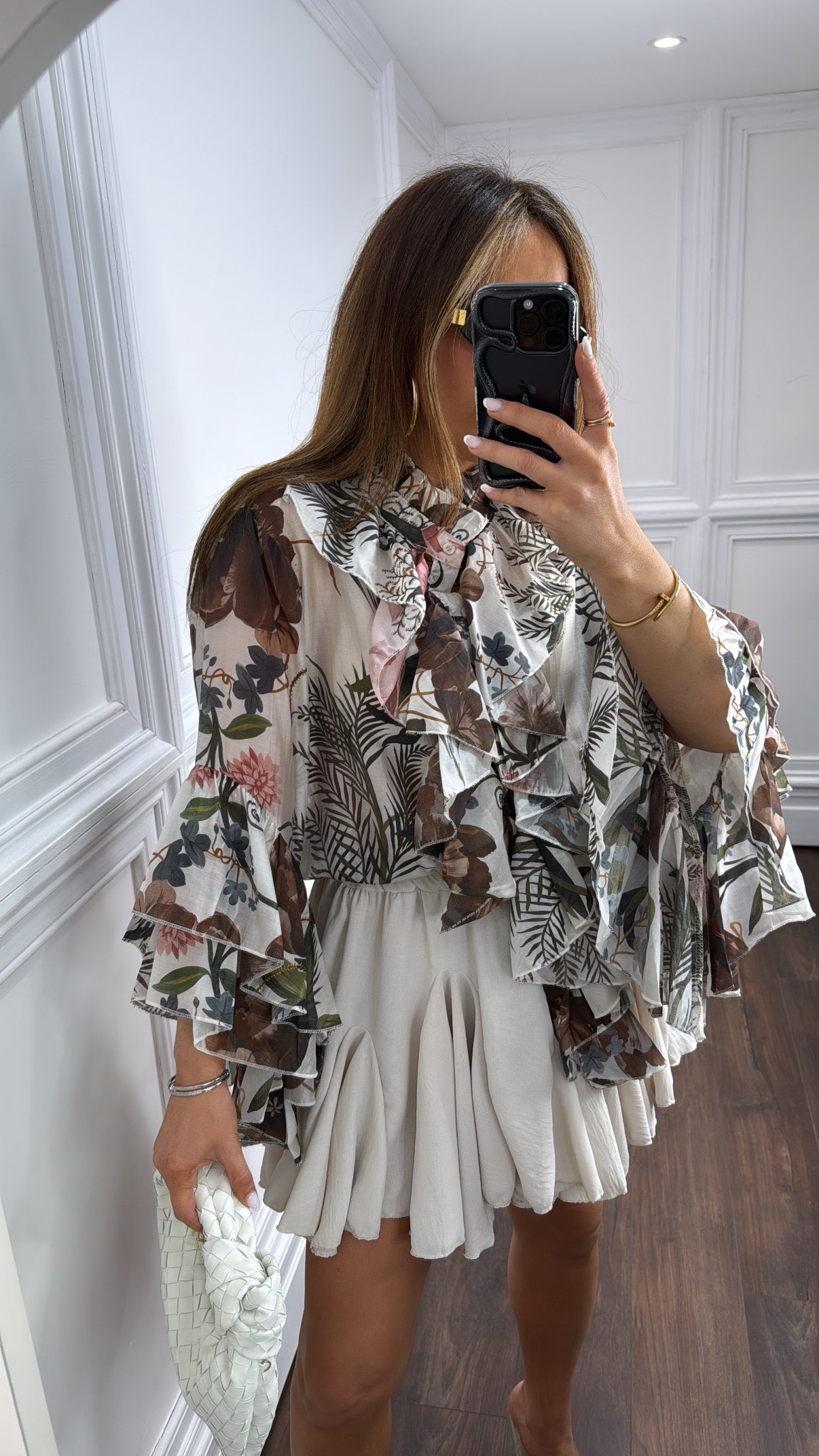JESSICA white and brown floral ruffle blouse