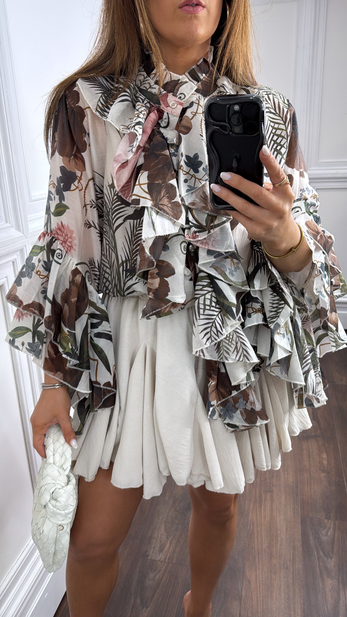 JESSICA white and brown floral ruffle blouse