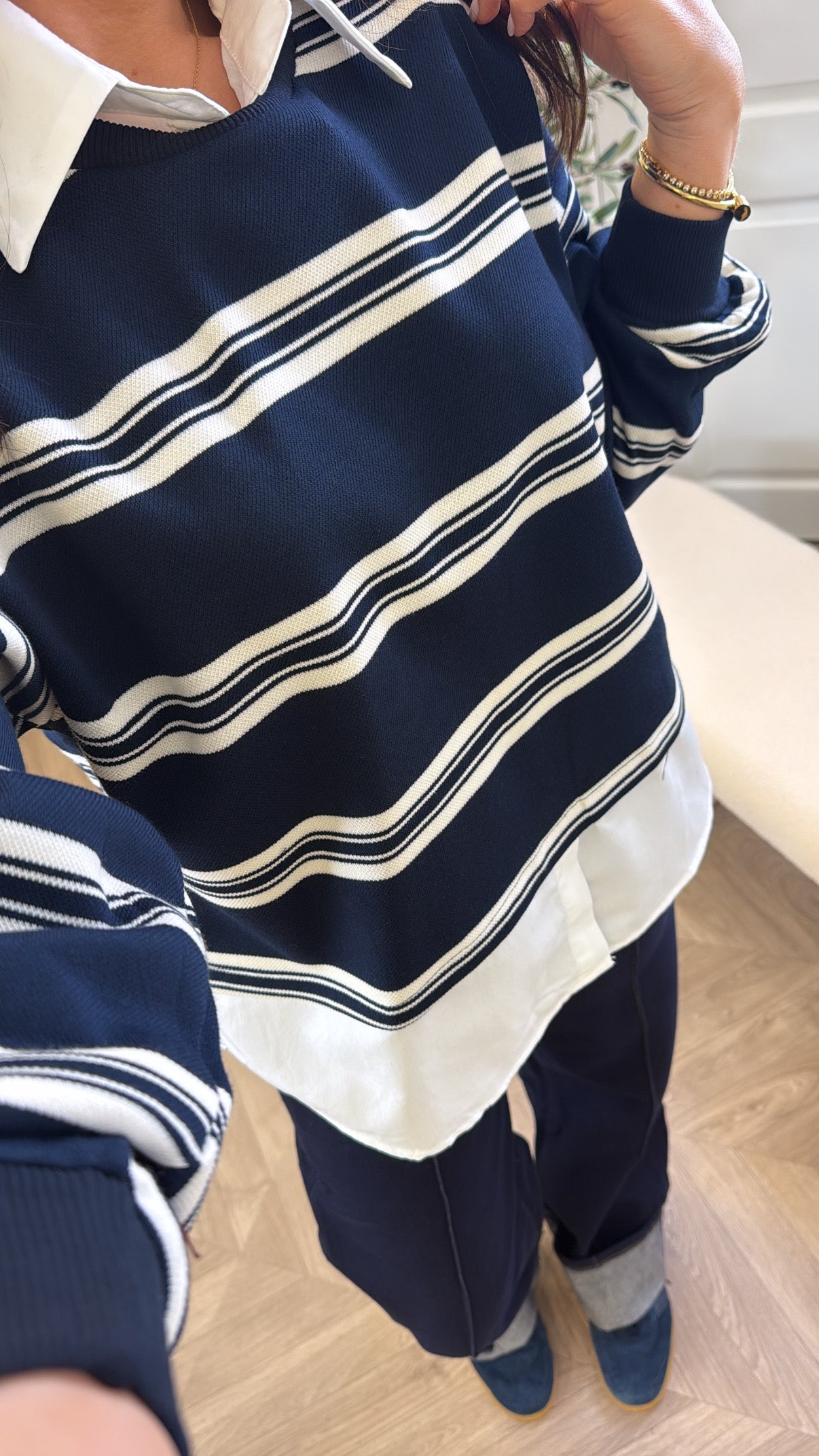 MATILDA navy stripe top with shirt underlay