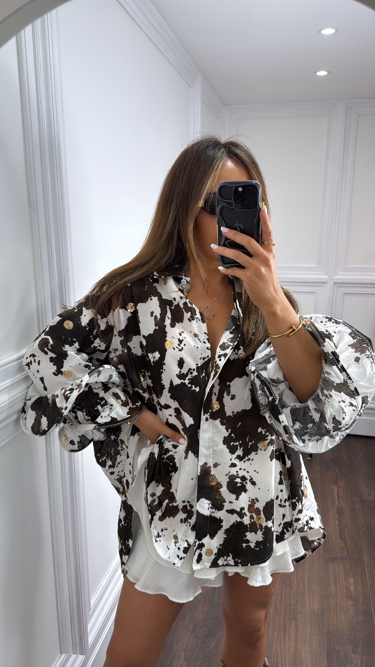 CARRIE brown cow print shirt with extreme sleeves