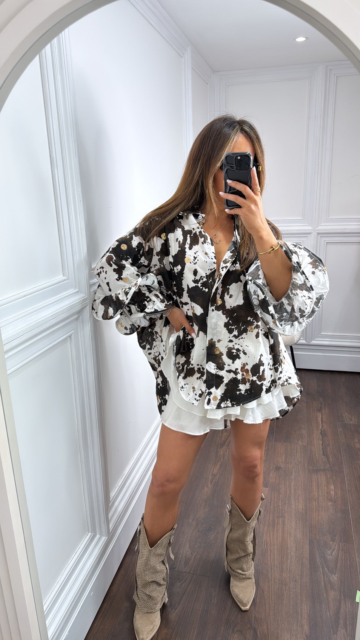 CARRIE brown cow print shirt with extreme sleeves
