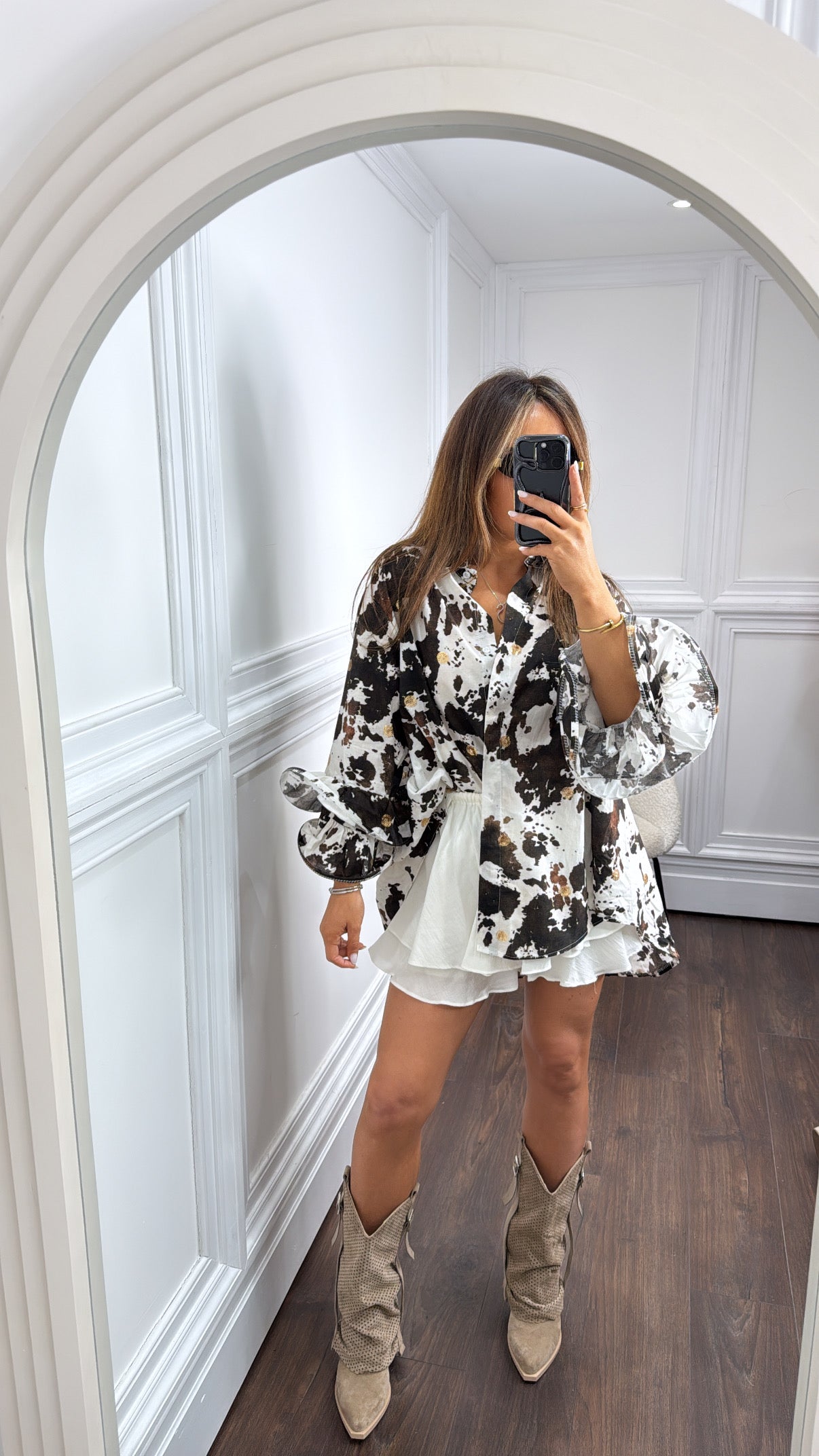 CARRIE brown cow print shirt with extreme sleeves