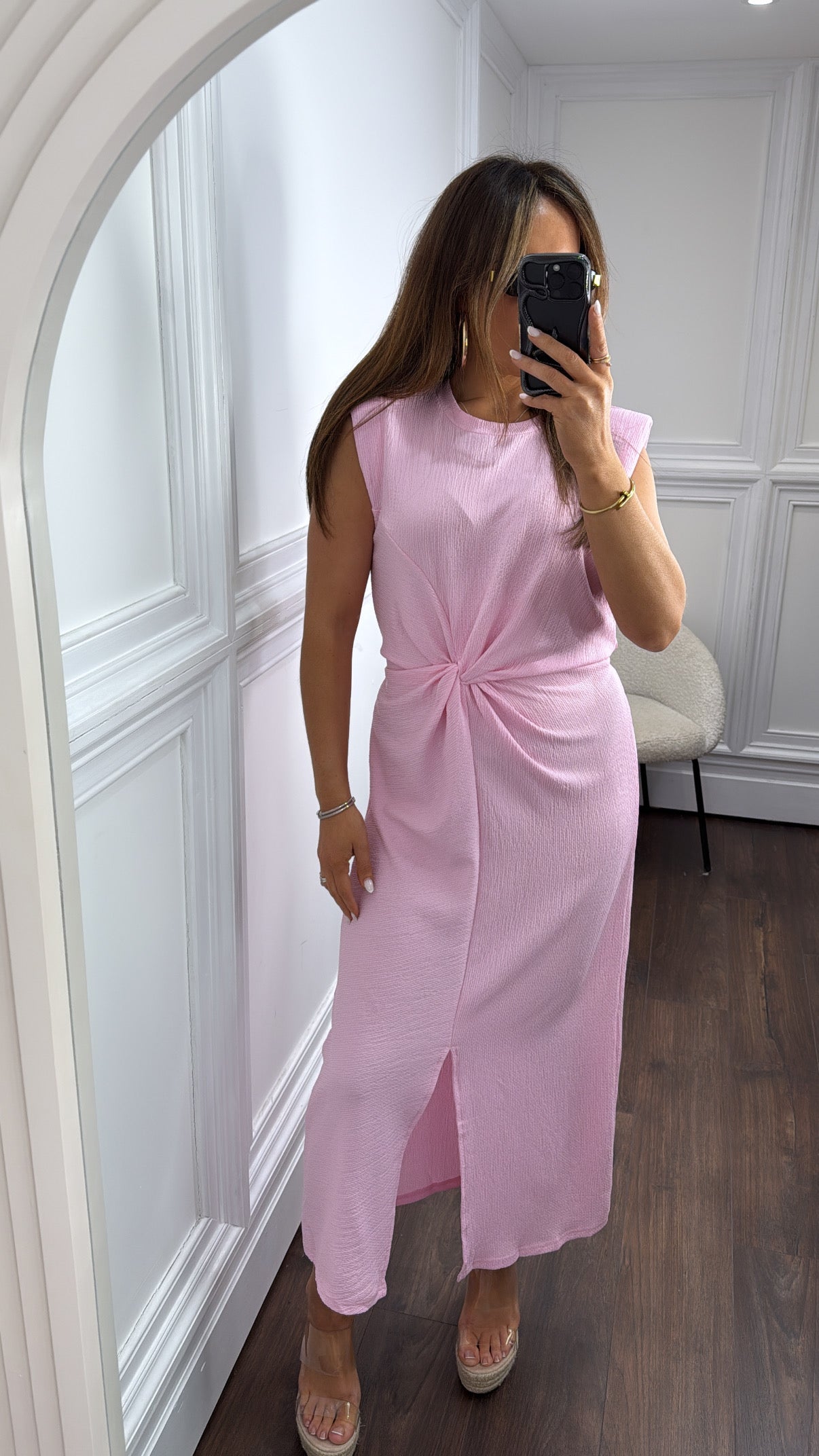 LAUREL pink twist front midi dress
