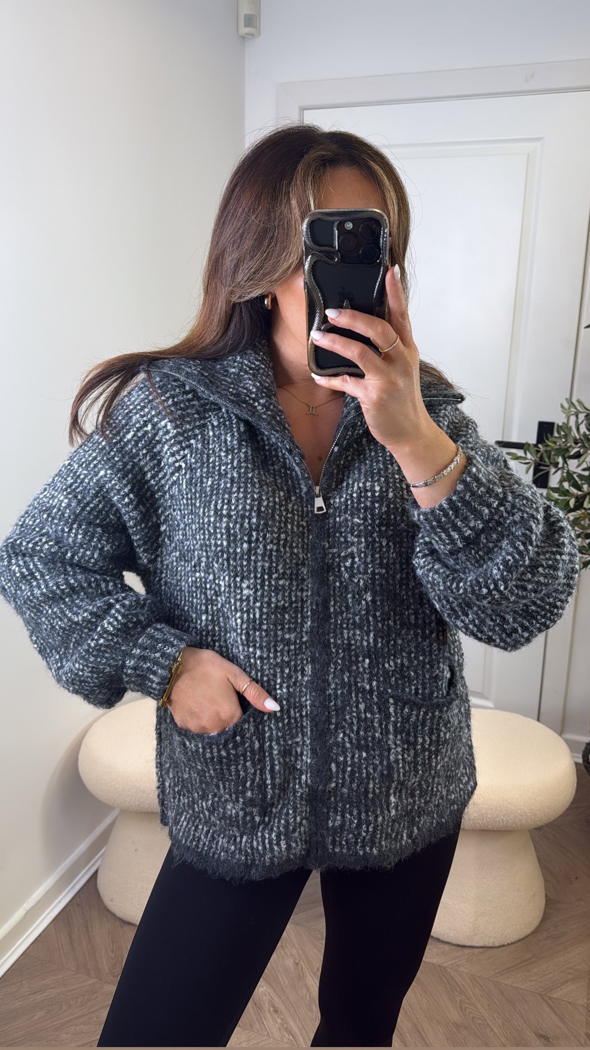 MILLIE grey two tone zip up chunky jumper
