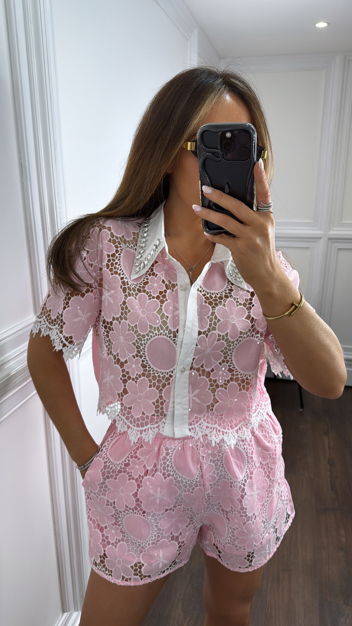 LUNA pink lace and jewel shorts co-ord