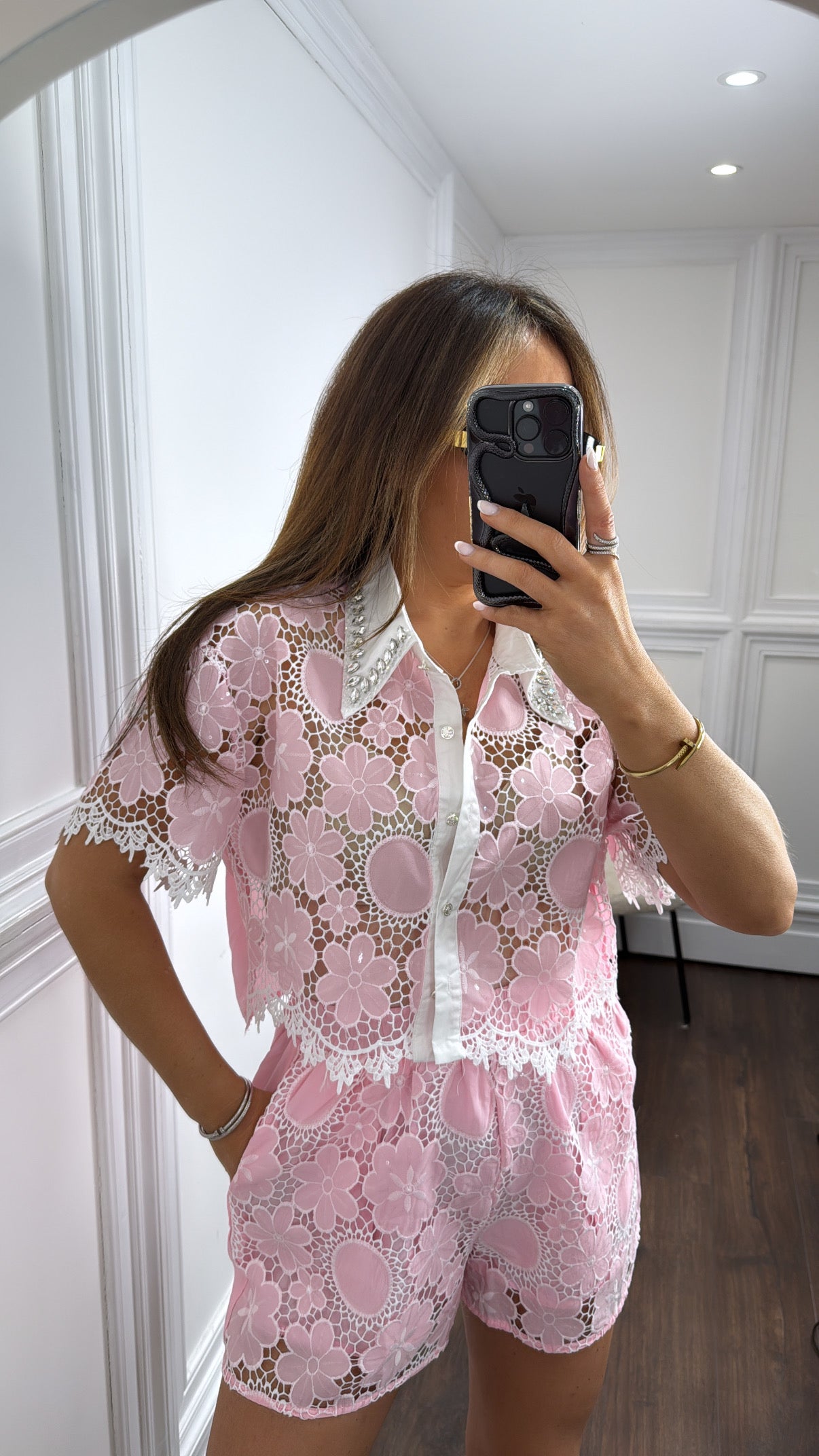 LUNA pink lace and jewel shorts co-ord