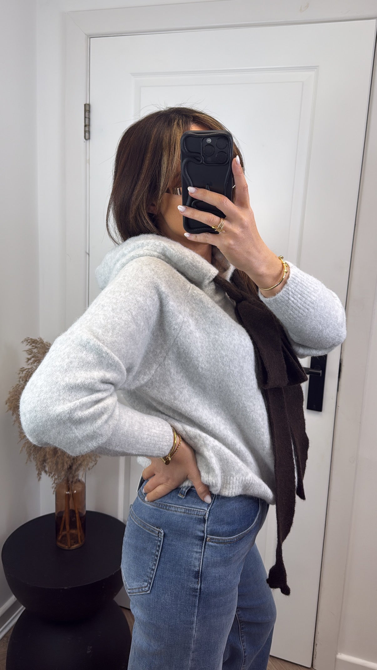 NELLY grey soft knit zip up hoody with tie detail