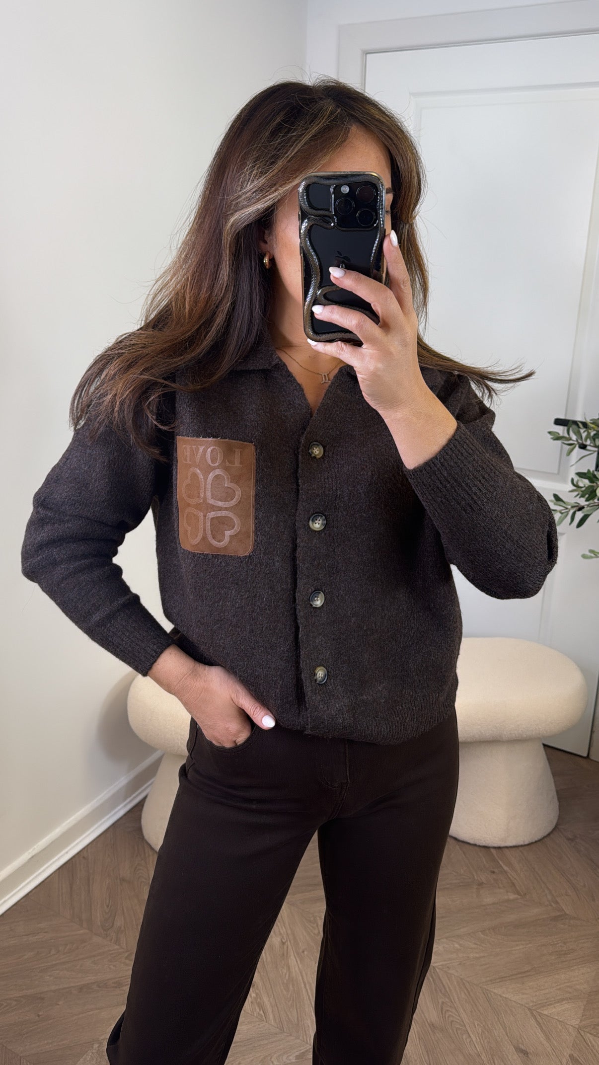 MIA brown love logo cardigan