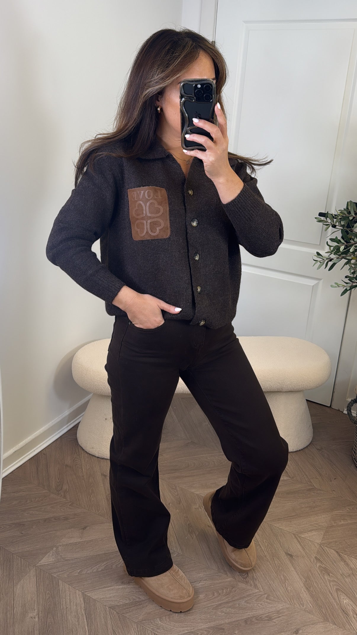 MIA brown love logo cardigan