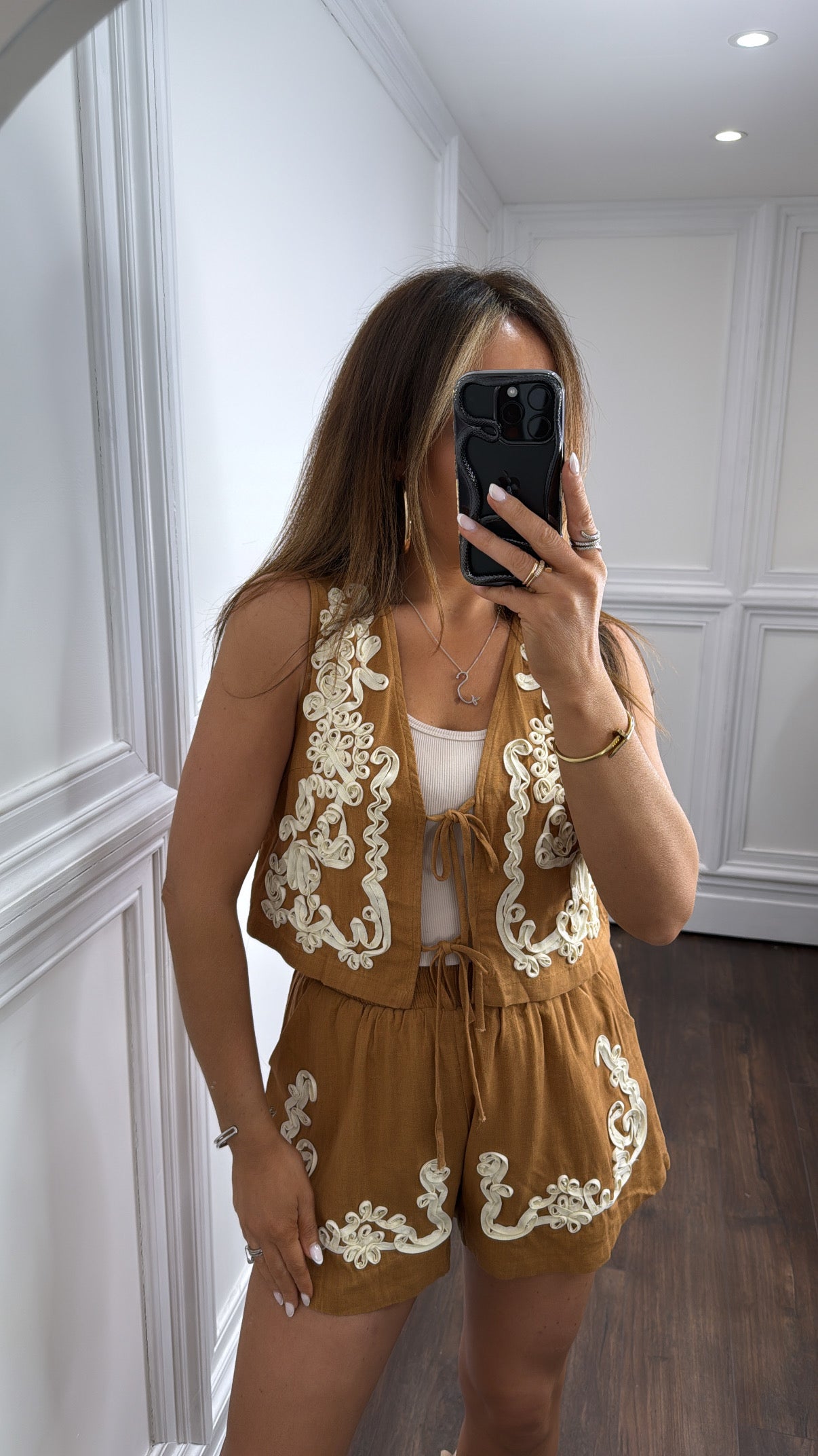 DOLCIE tan ribbon detail waist jacket and shorts co-ord