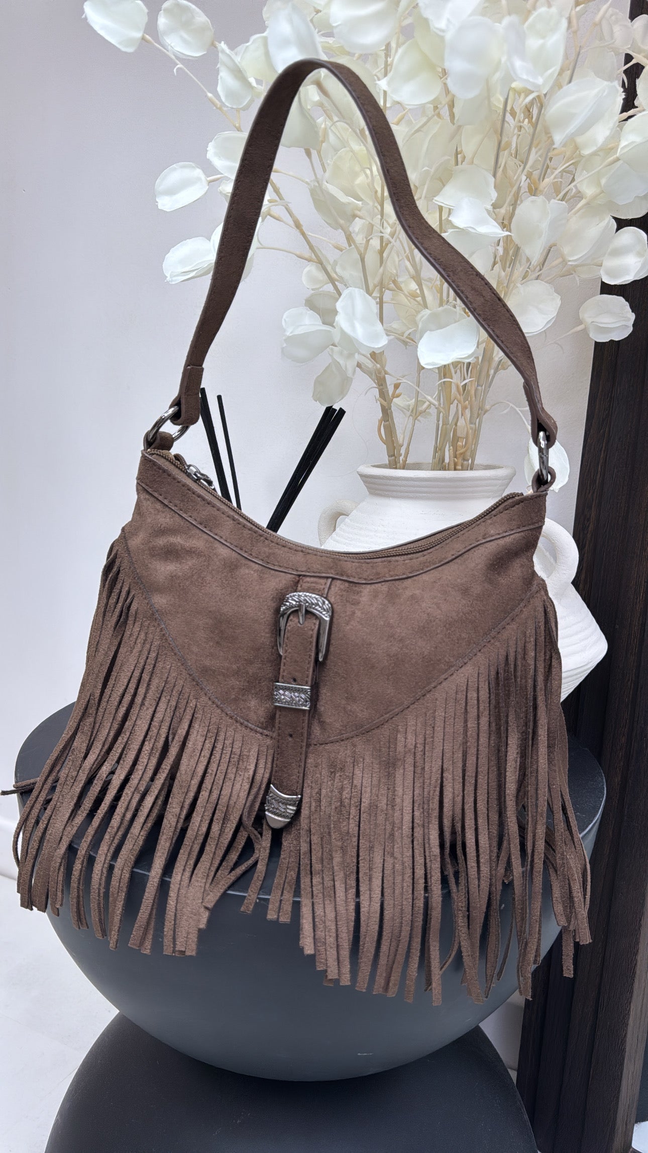 KYIA brown faux suede tassel bag