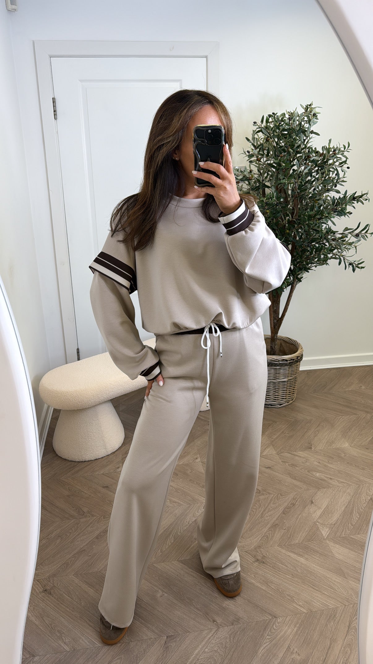 GINA beige contrast stripe top and wide leg joggers tracksuit