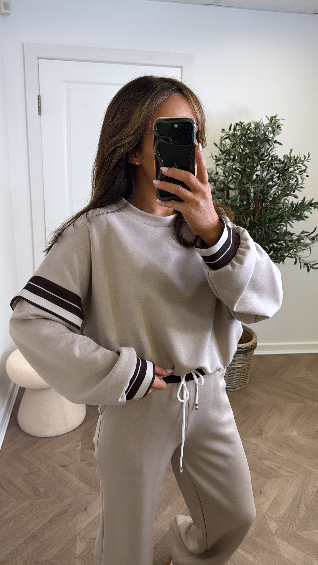 GINA beige contrast stripe top and wide leg joggers tracksuit