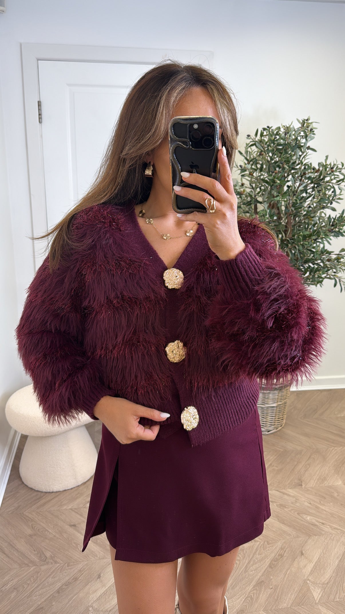 ERICA burgundy fluffy cardigan with gold buttons
