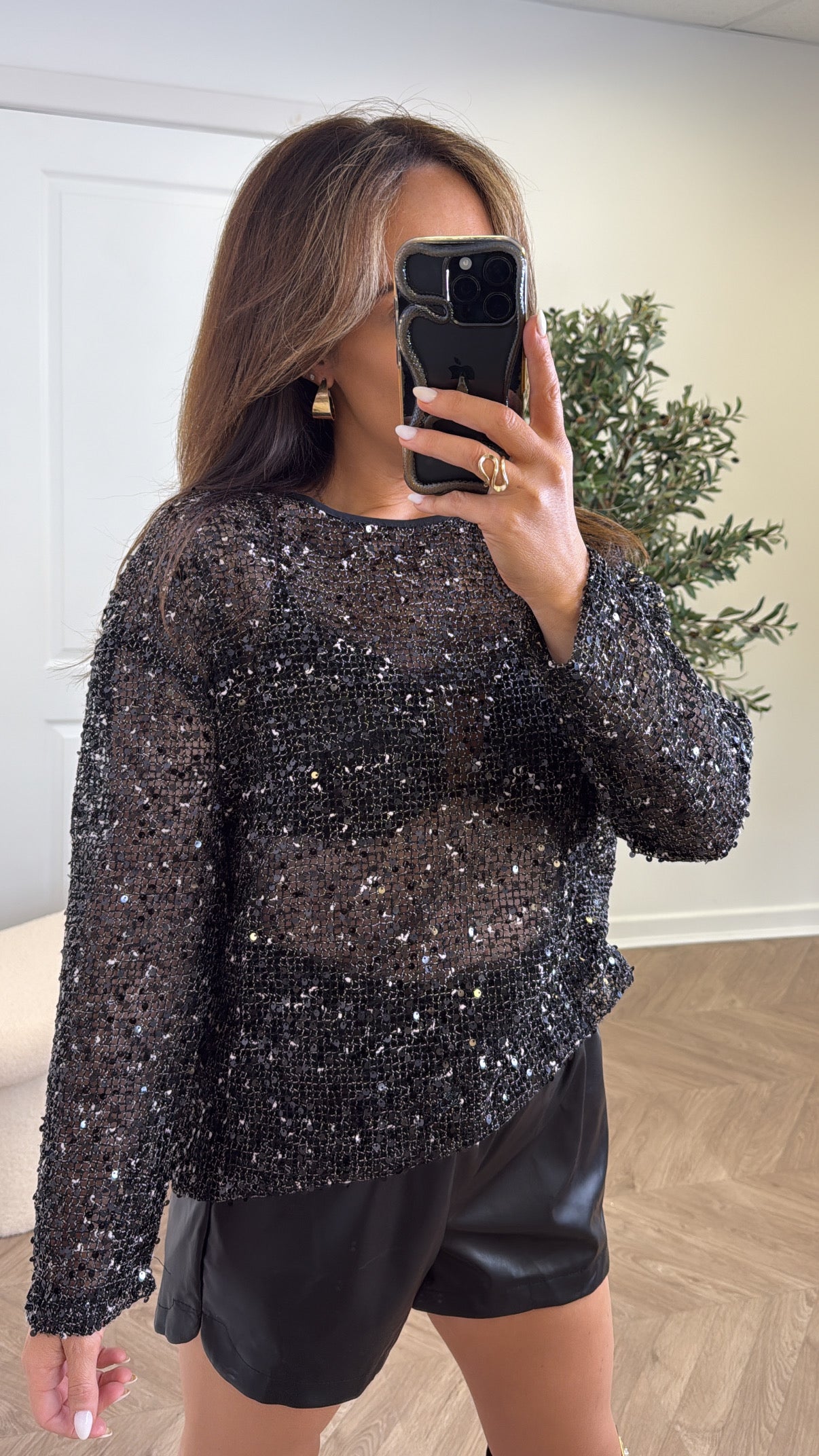 MEGHAN black sequin detail netted top