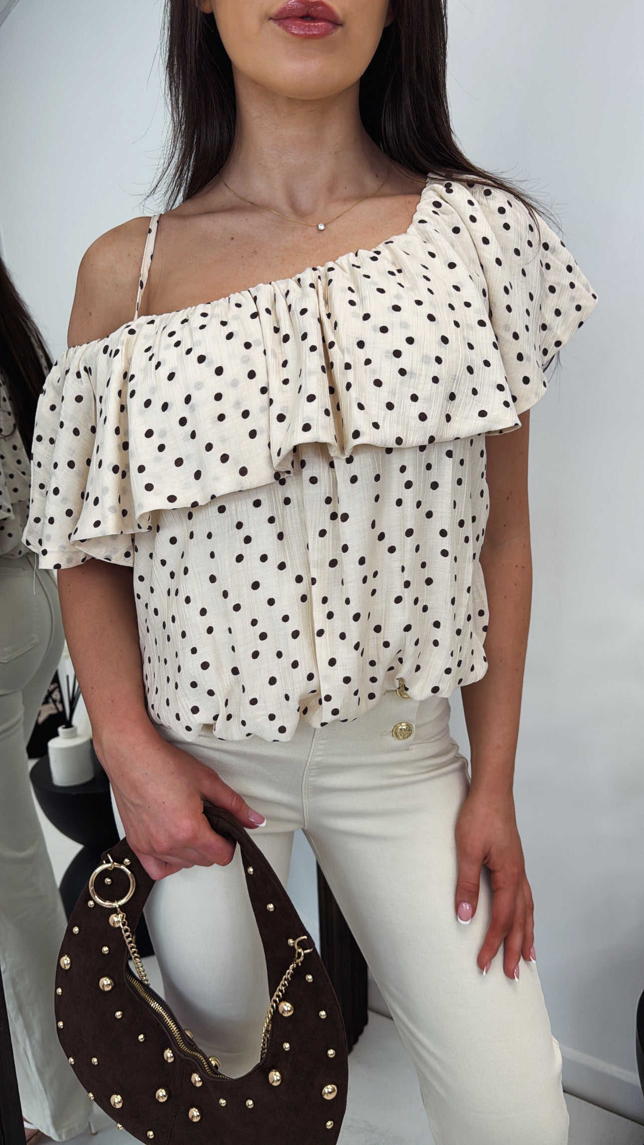 SIANA cream polka dot frill detail top