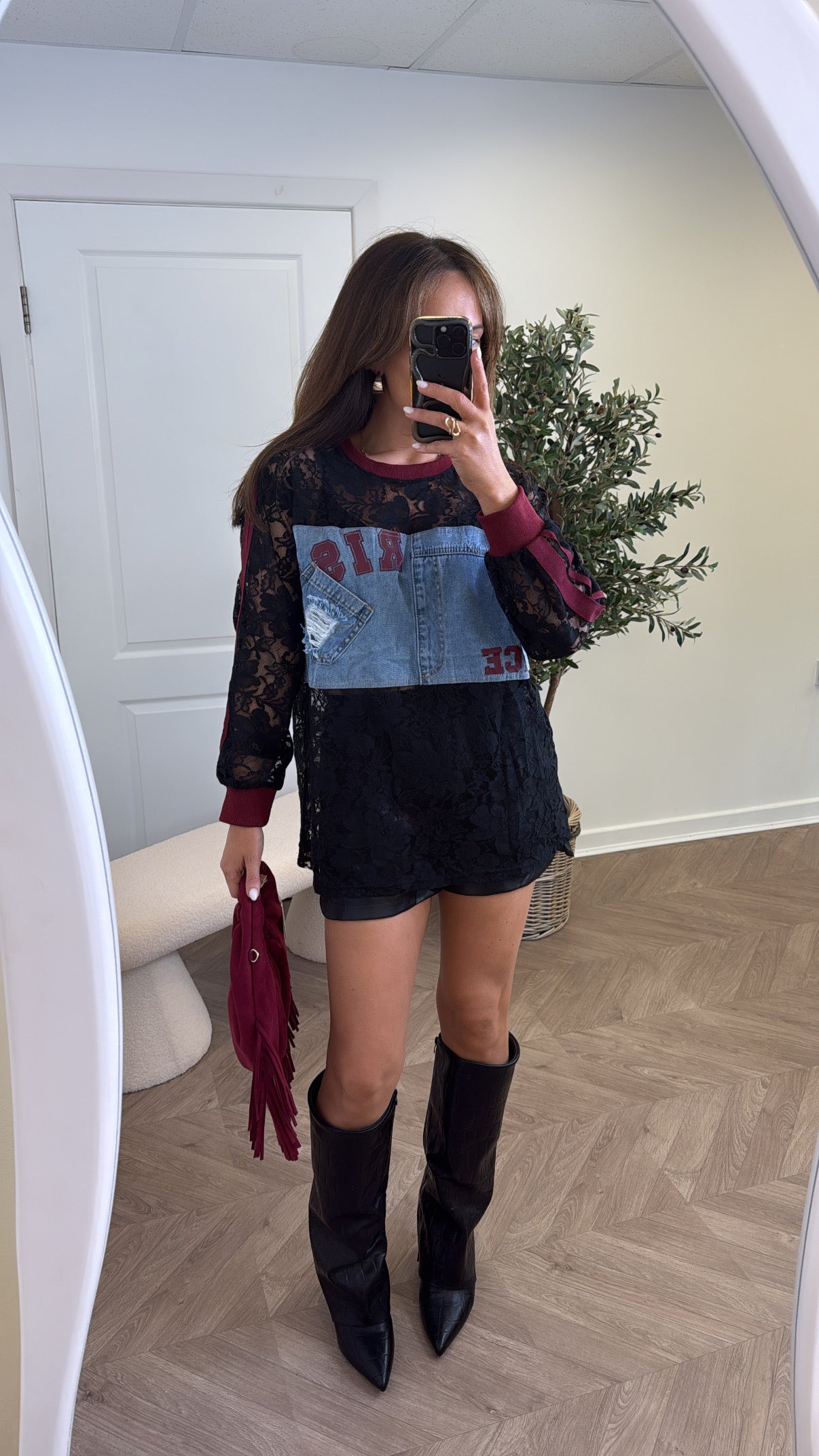 BRIONY burgundy with black lace denim contrast top