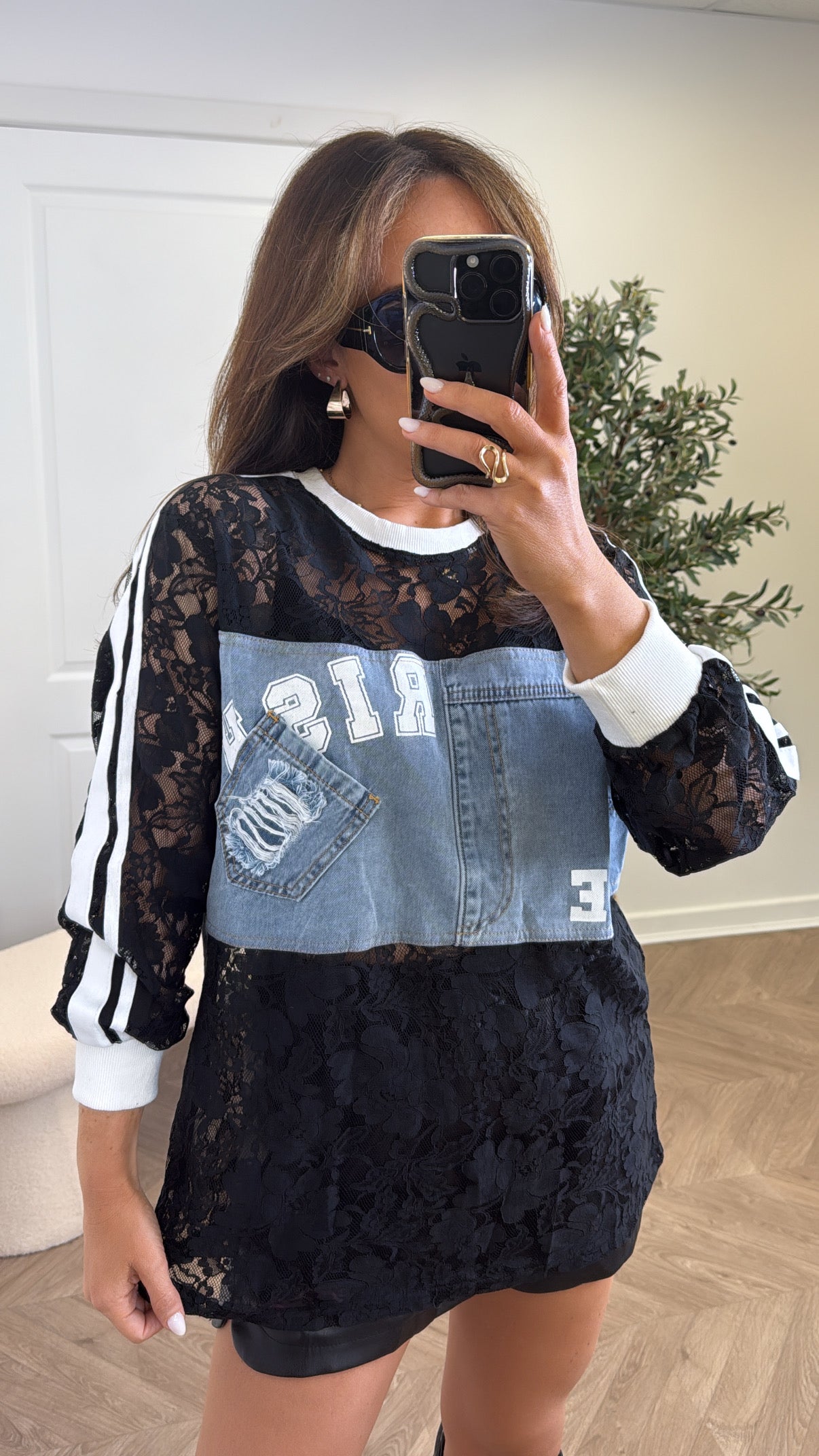 BRIONY white with black lace denim contrast top