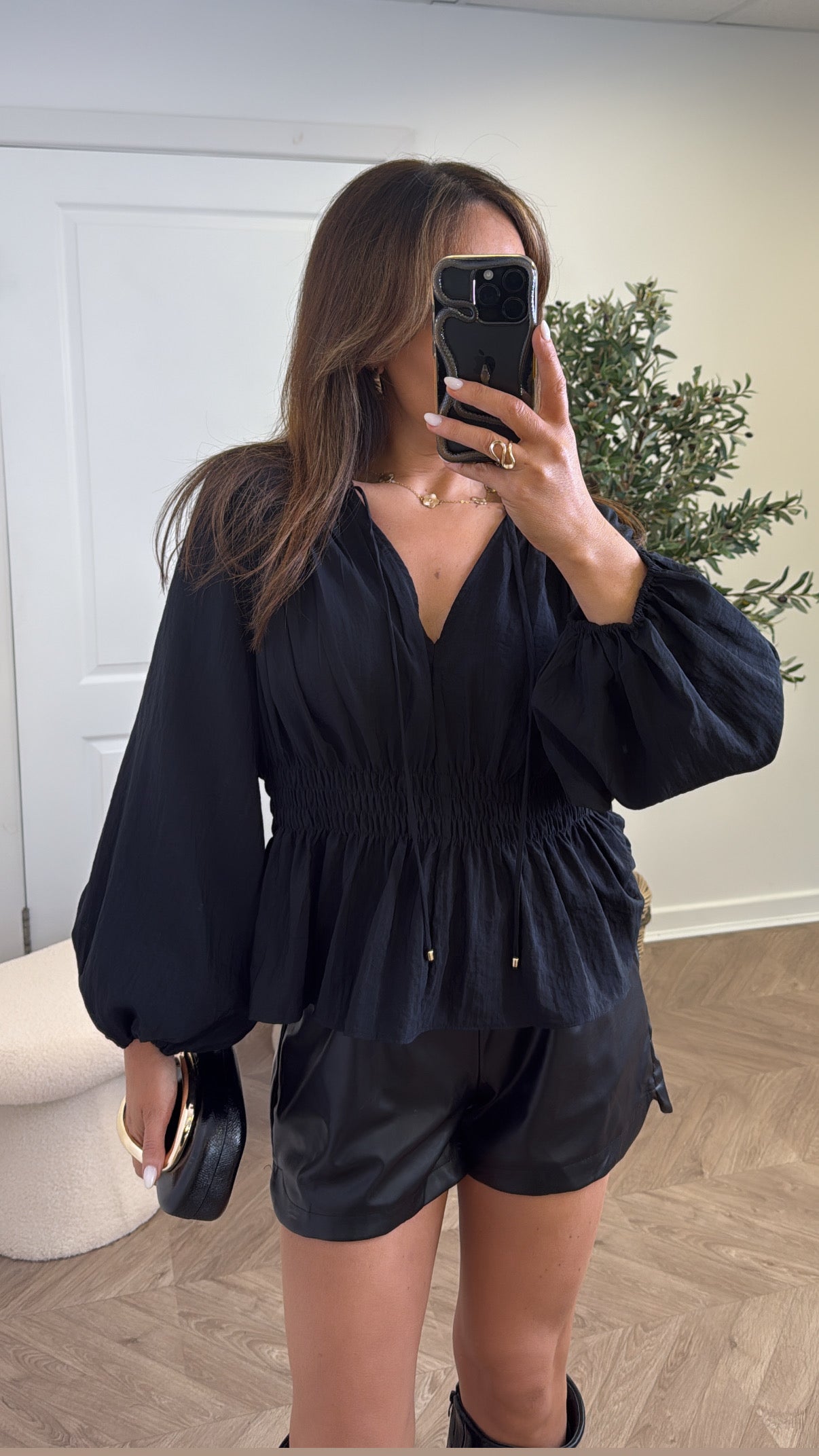 INDIA black shirred waist top