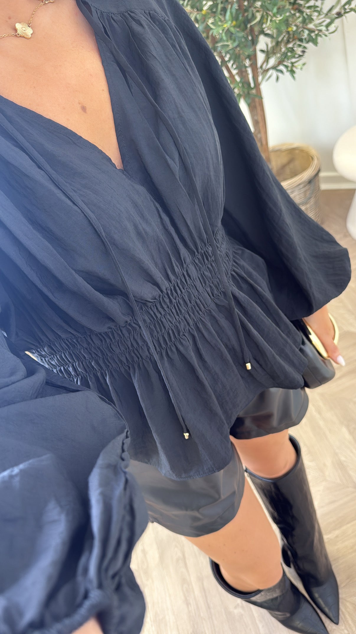 INDIA black shirred waist top