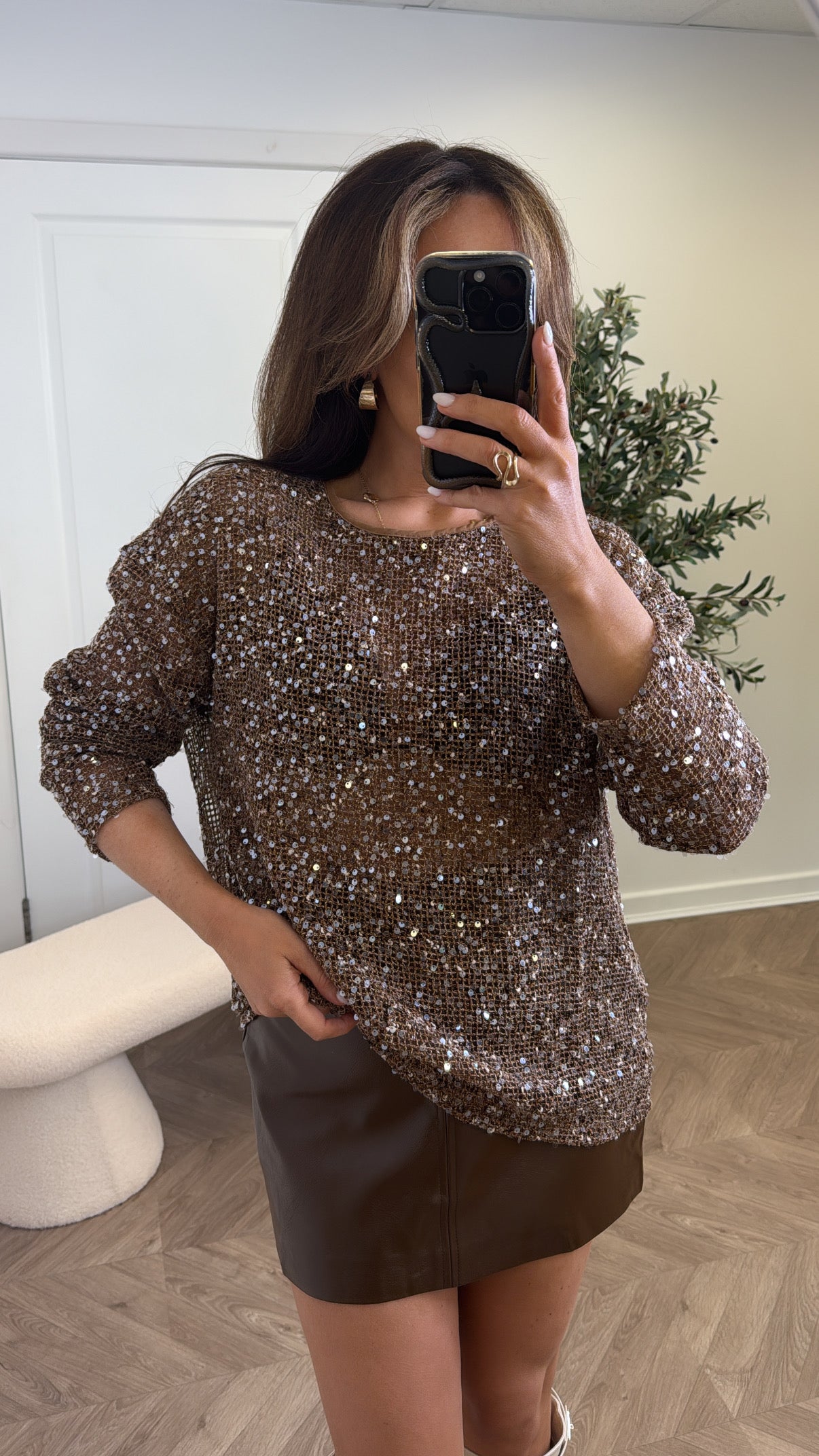 MEGHAN brown sequin detail netted top