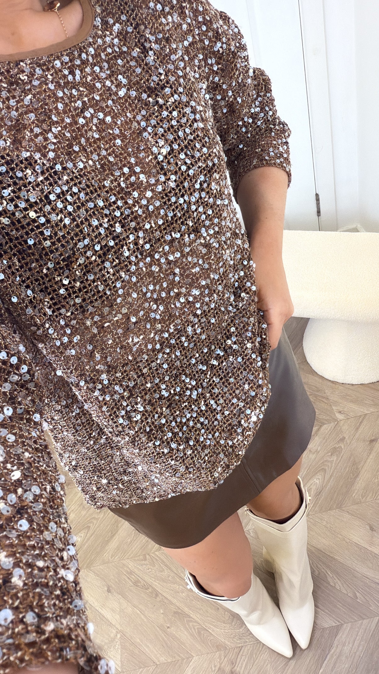 MEGHAN brown sequin detail netted top