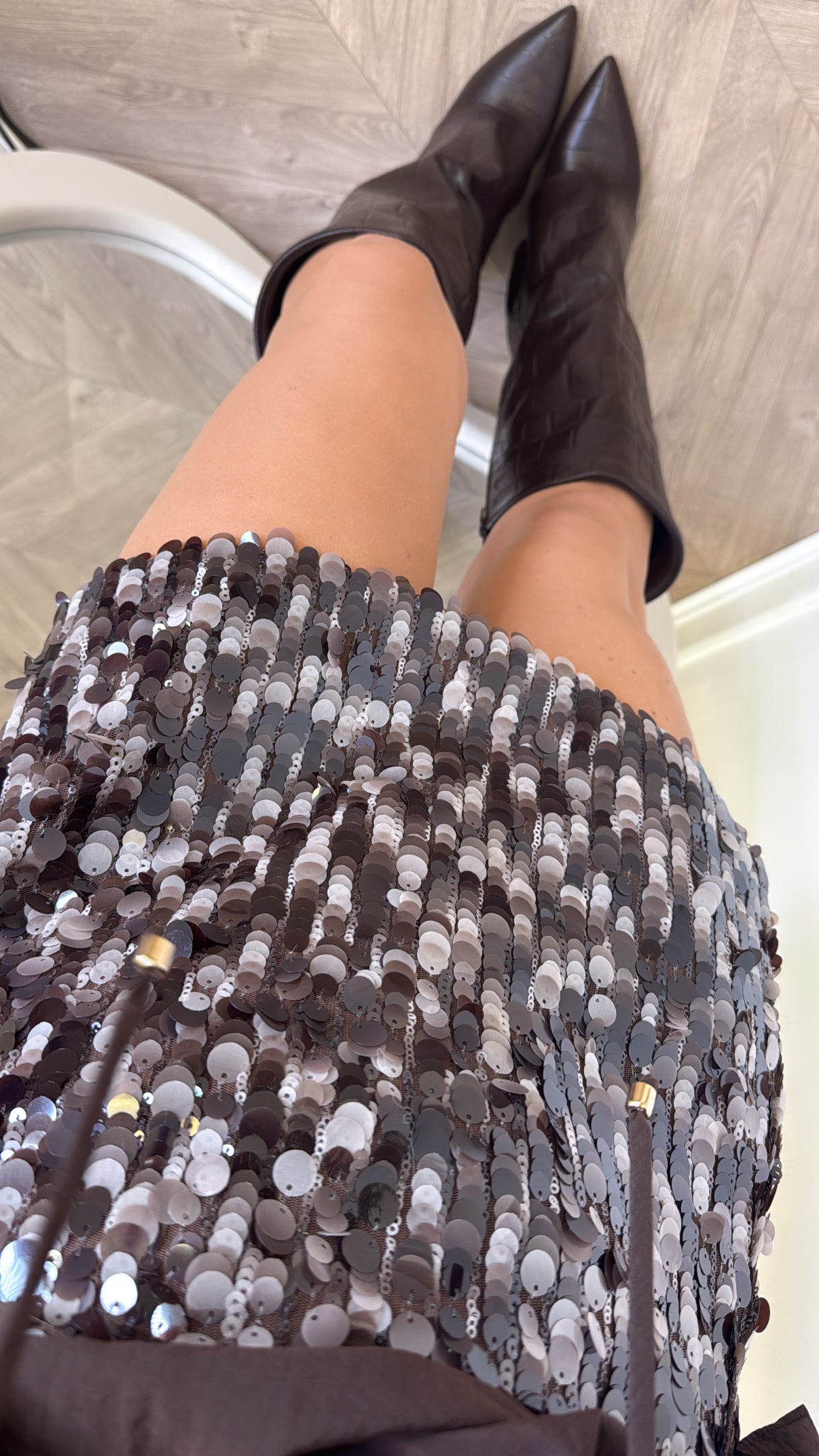 DEENA brown disc sequin mini skirt