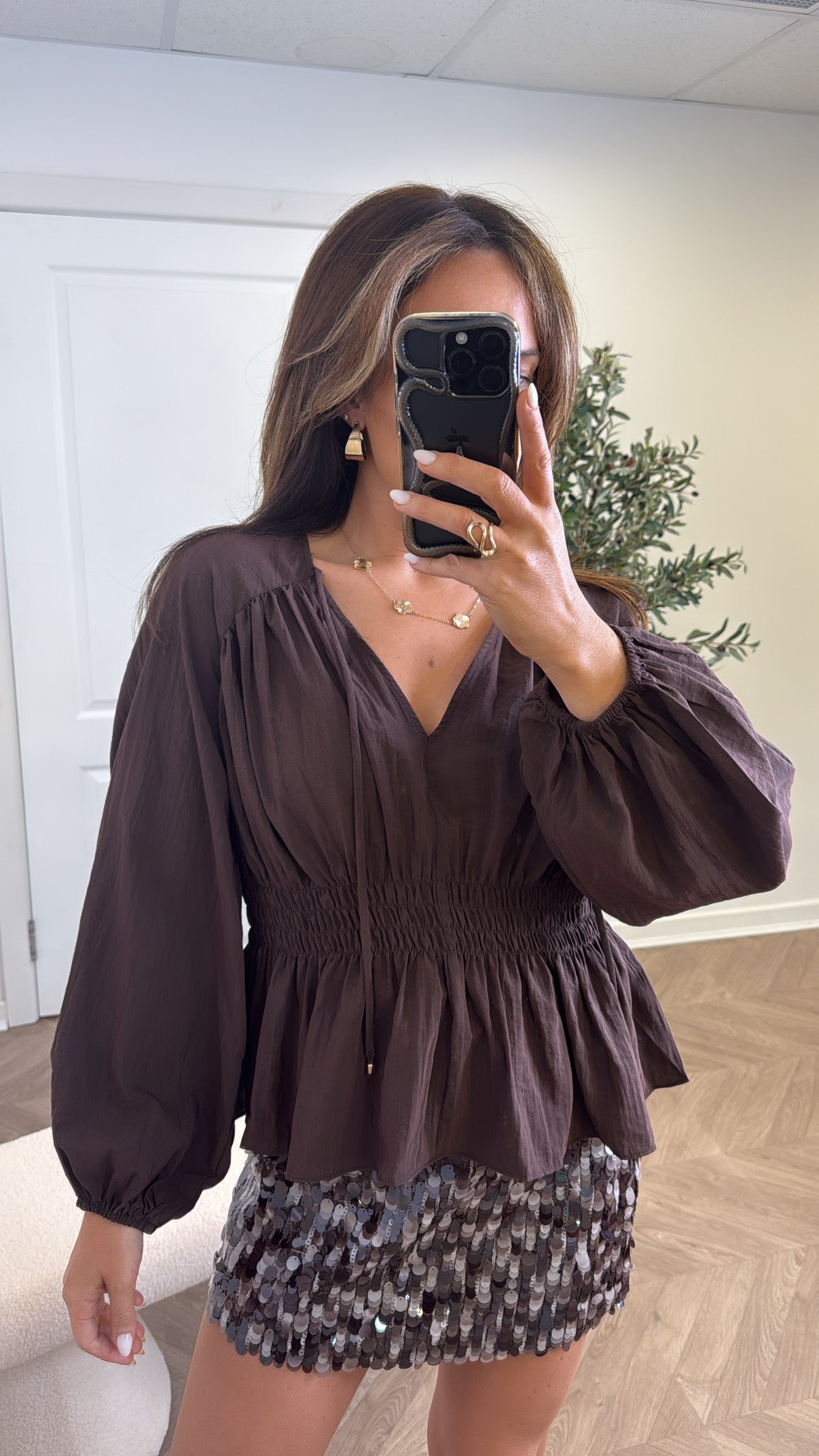 INDIA brown shirred waist top