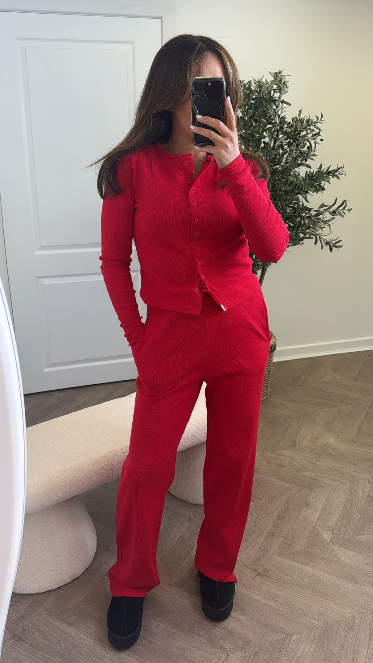 LORNA ruby red ribbed cardigan lounge set