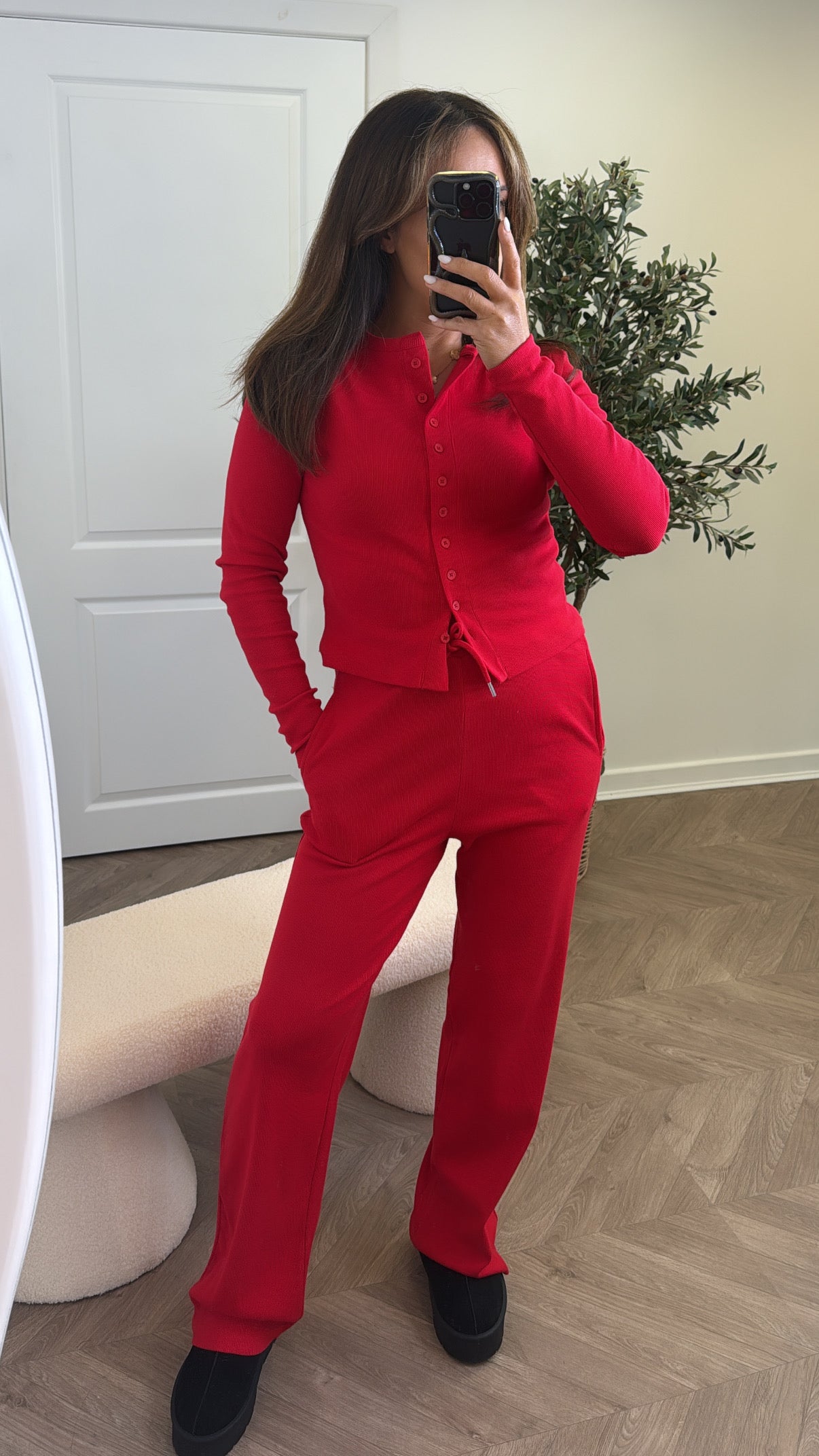 LORNA ruby red ribbed cardigan lounge set