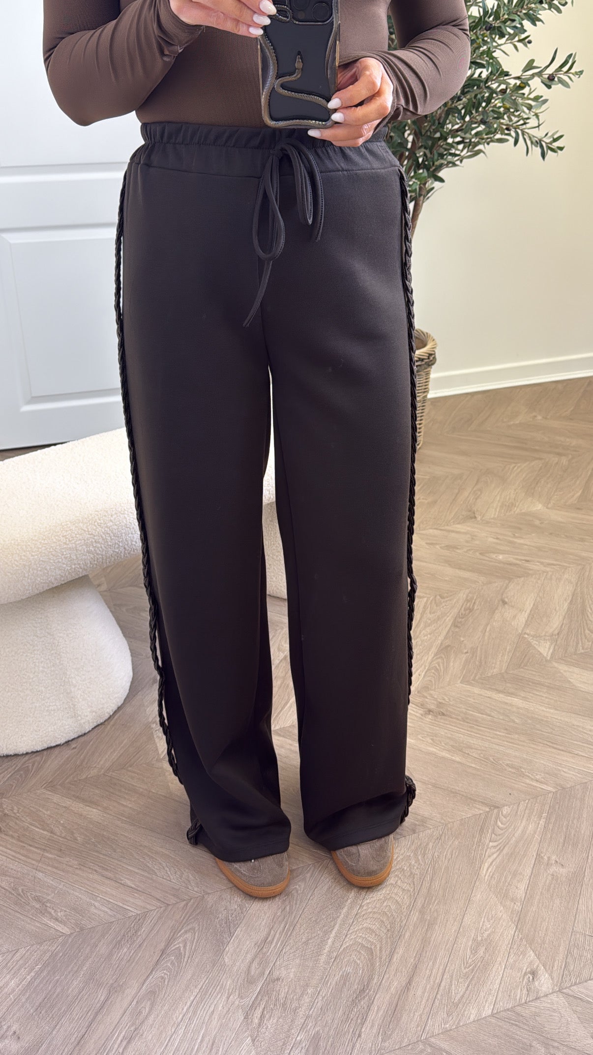SASKIA dark brown braided detail soft cotton joggers