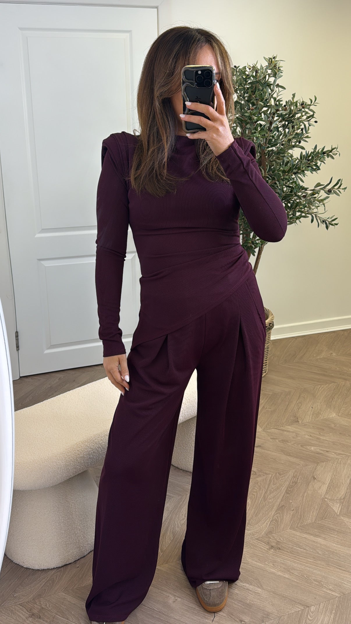 TASHA plum asymmetric long sleeve top and trousers co-ord