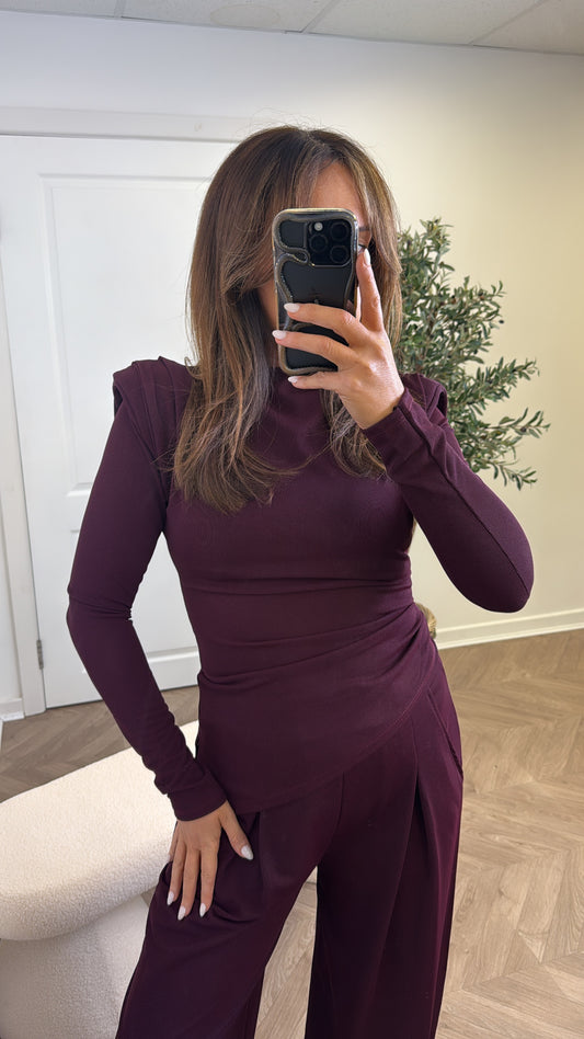 TASHA plum asymmetric long sleeve top and trousers co-ord