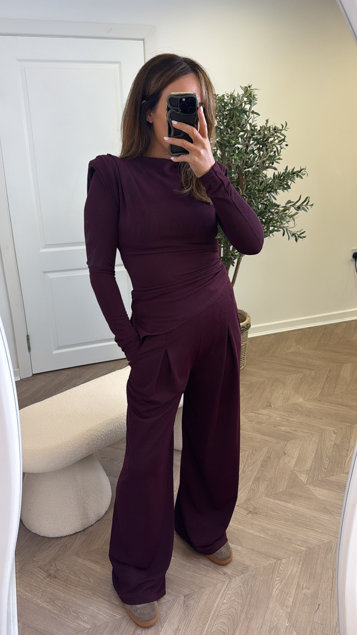 TASHA plum asymmetric long sleeve top and trousers co-ord
