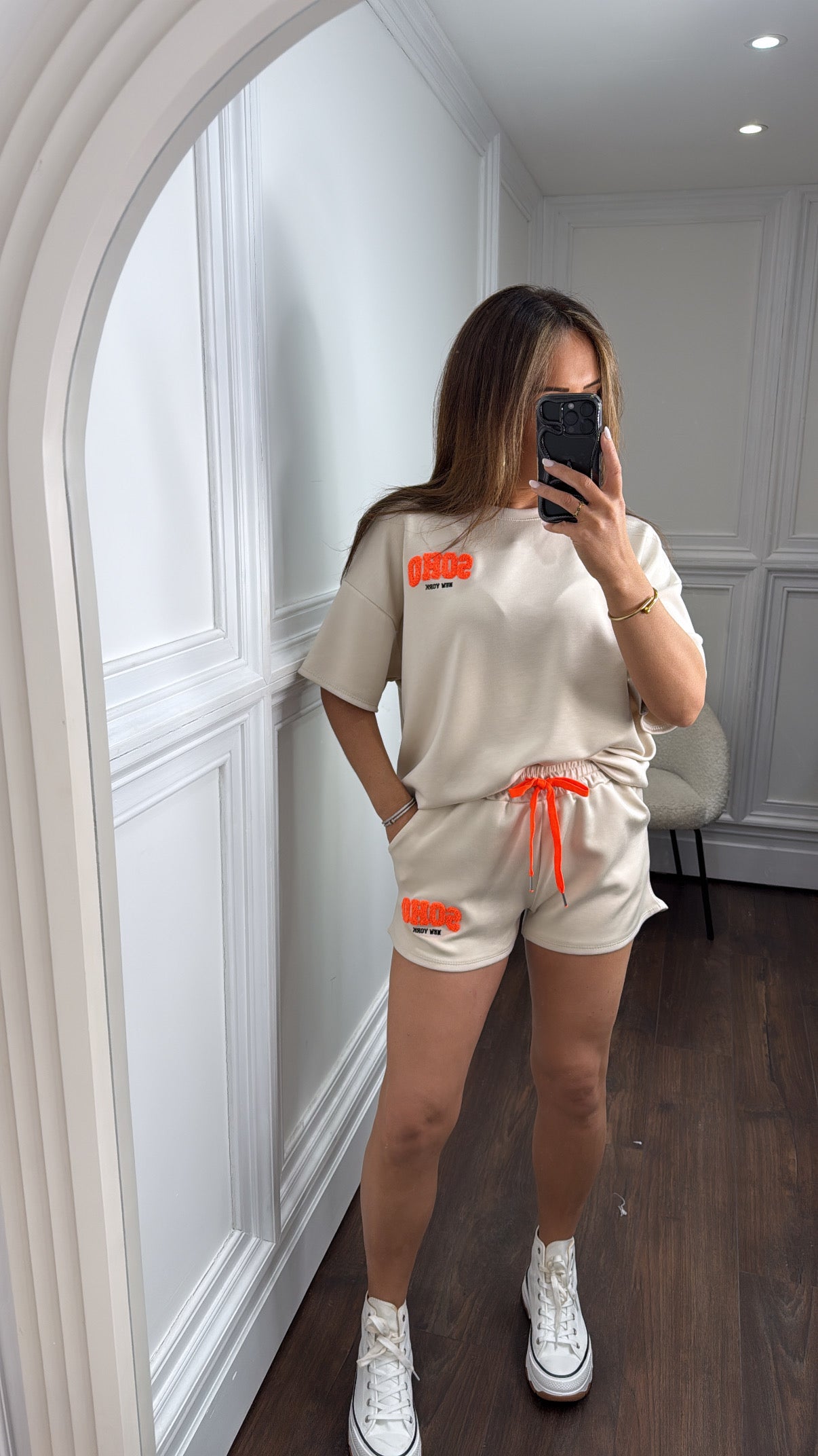 SOHO beige and orange top and short co-ord