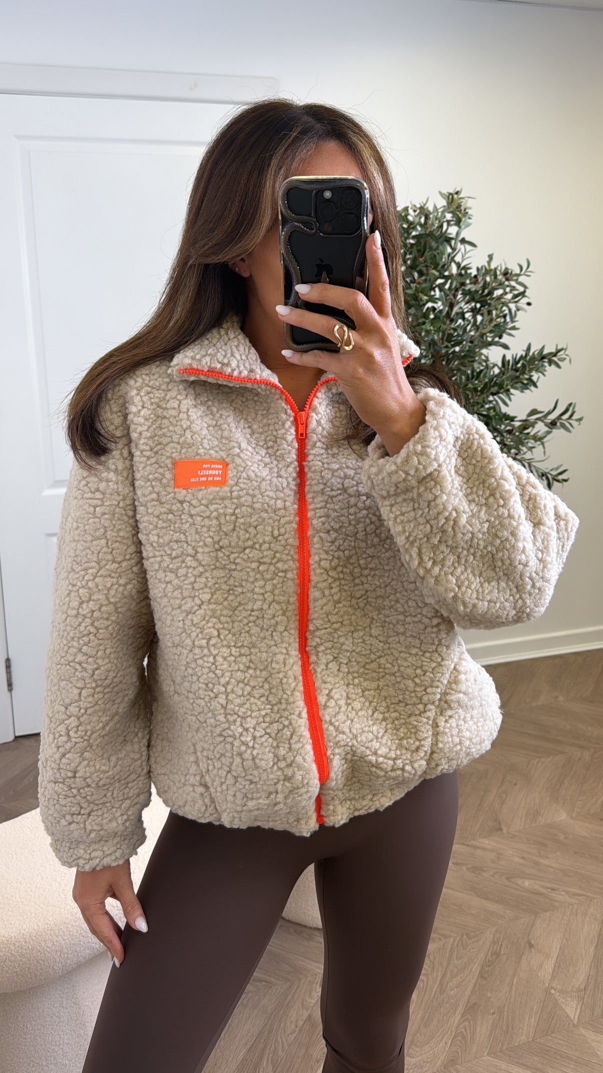 SOPHIA beige fleece zip up jacket with neon logo