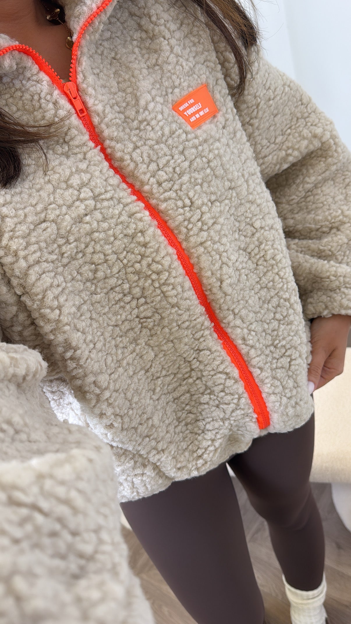 SOPHIA beige fleece zip up jacket with neon logo