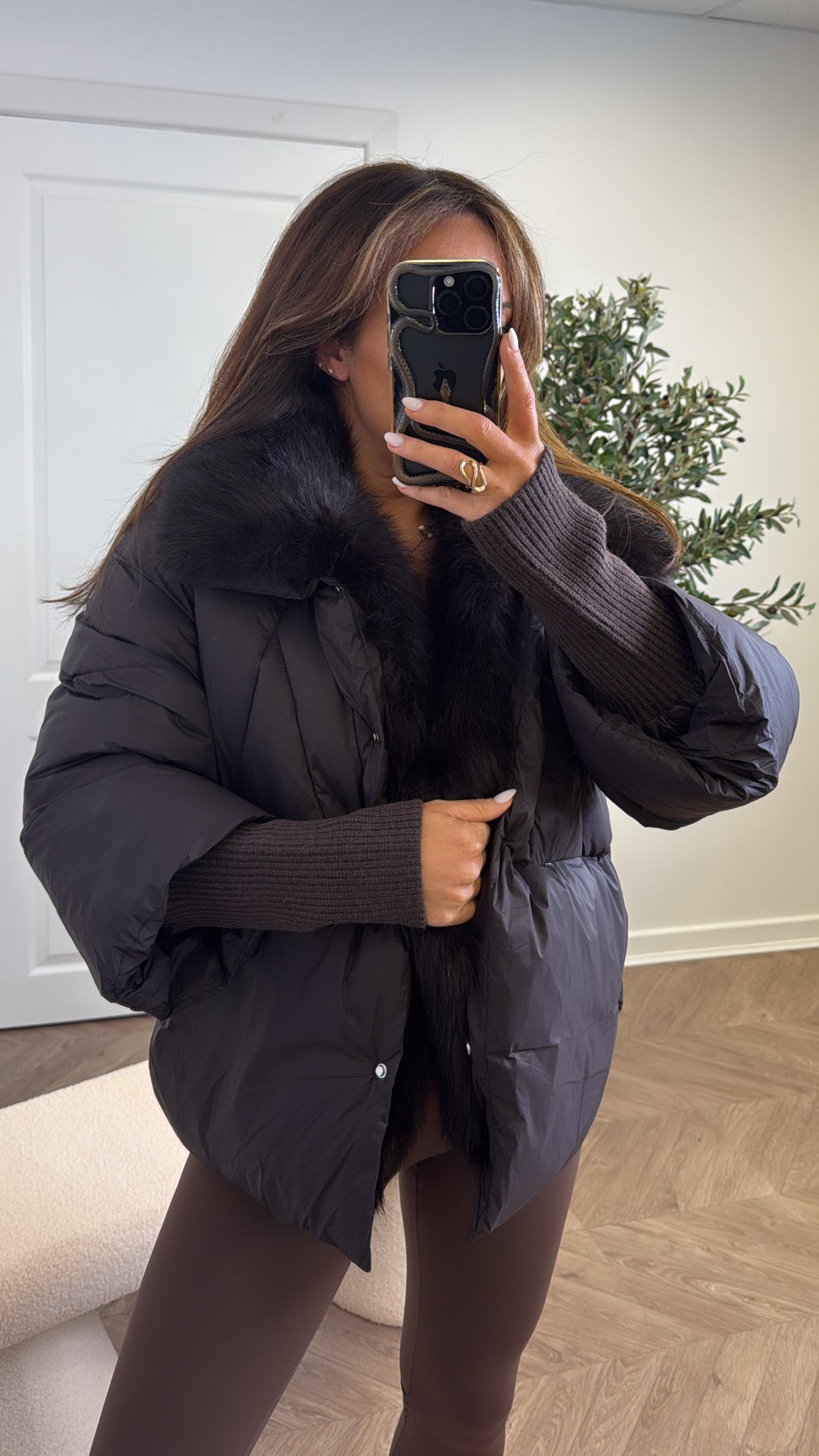EMILY dark brown puffer coat with faux fur