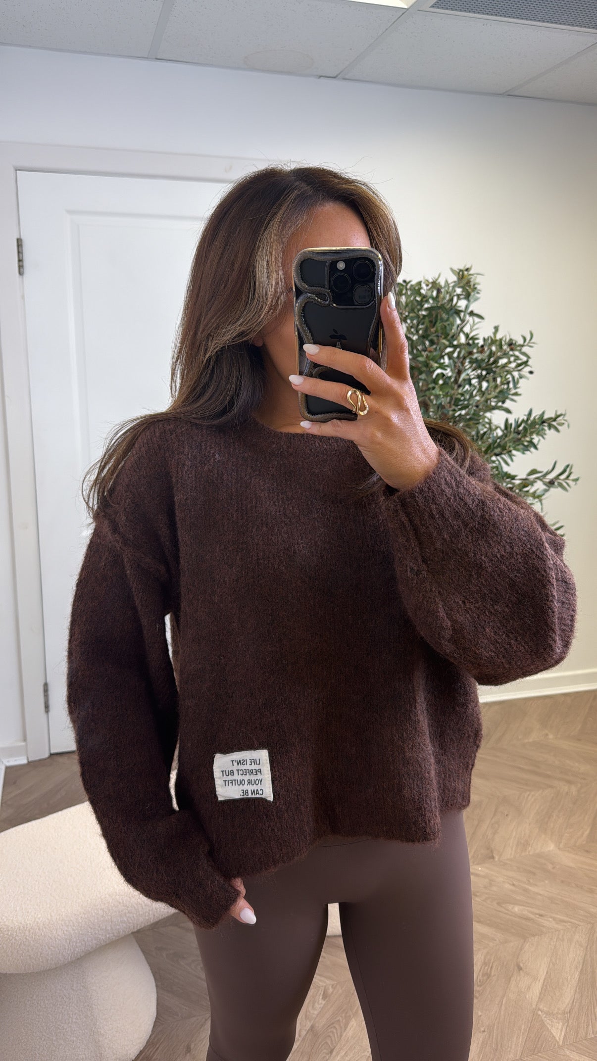PIPER brown life slogan soft knit jumper