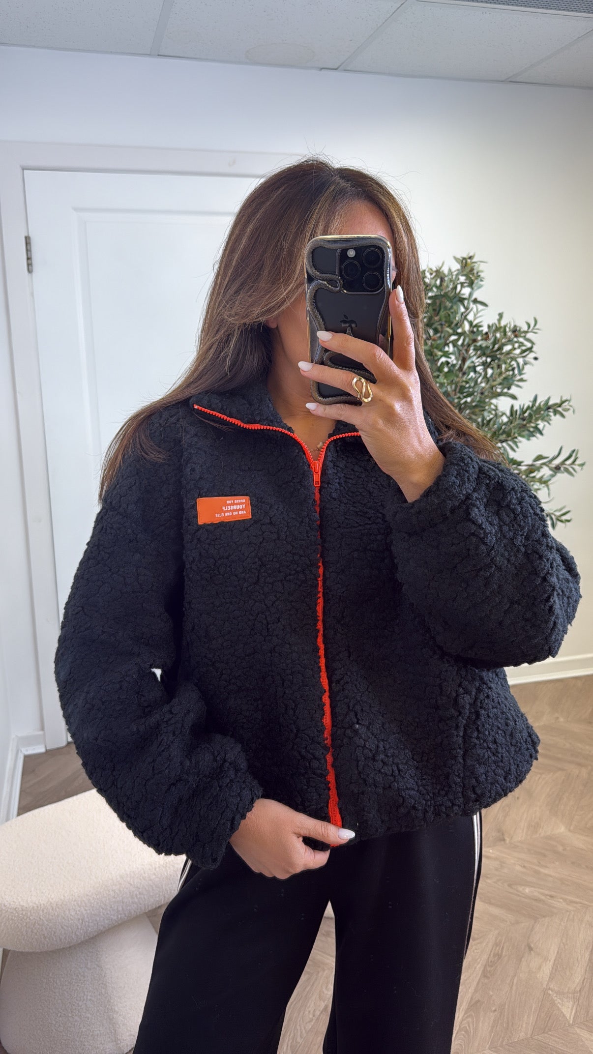 SOPHIA black fleece zip up jacket with neon logo