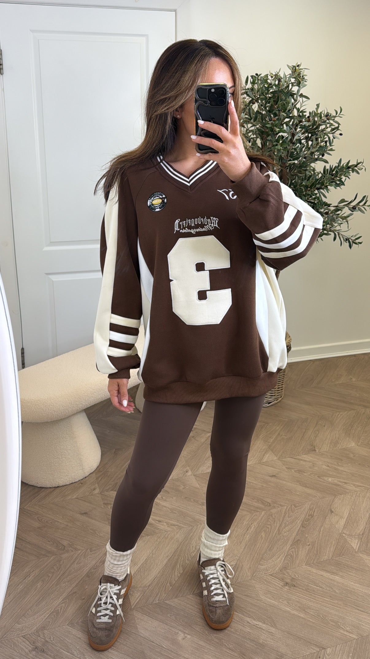 TAMMY brown and cream oversized basketball sweatshirt