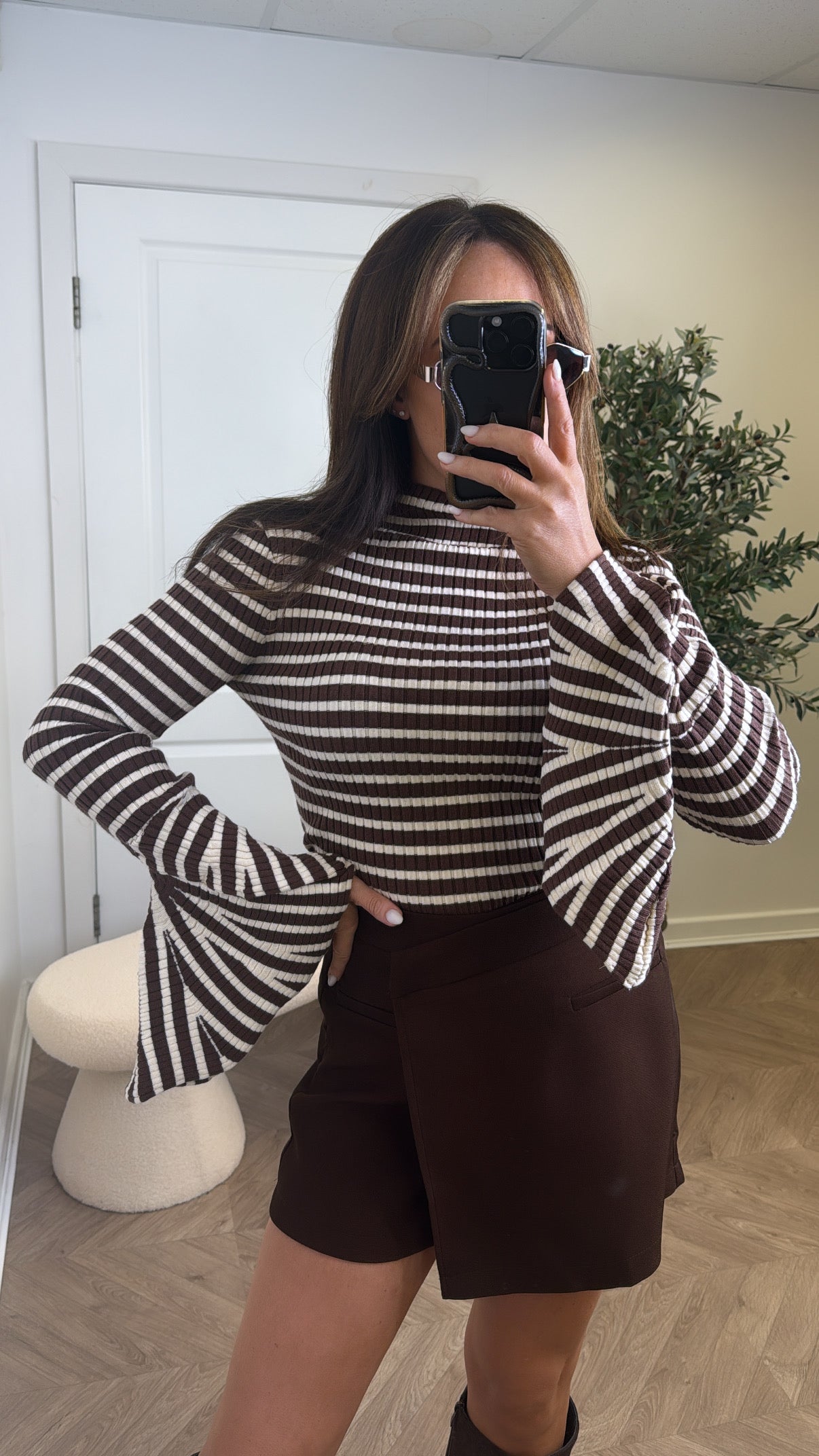 ANNA brown and cream stripe top with frill cuffs