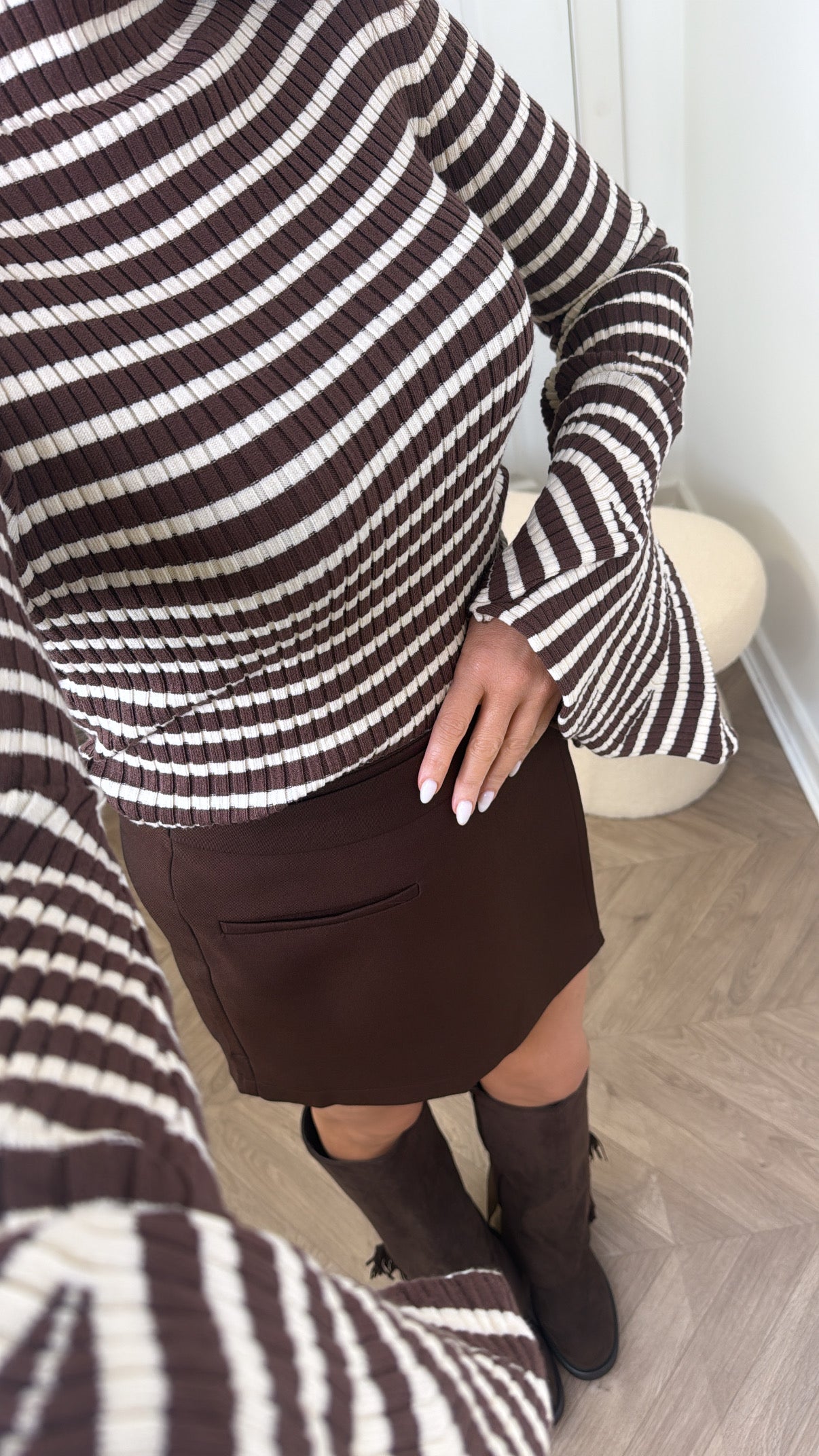 ANNA brown and cream stripe top with frill cuffs