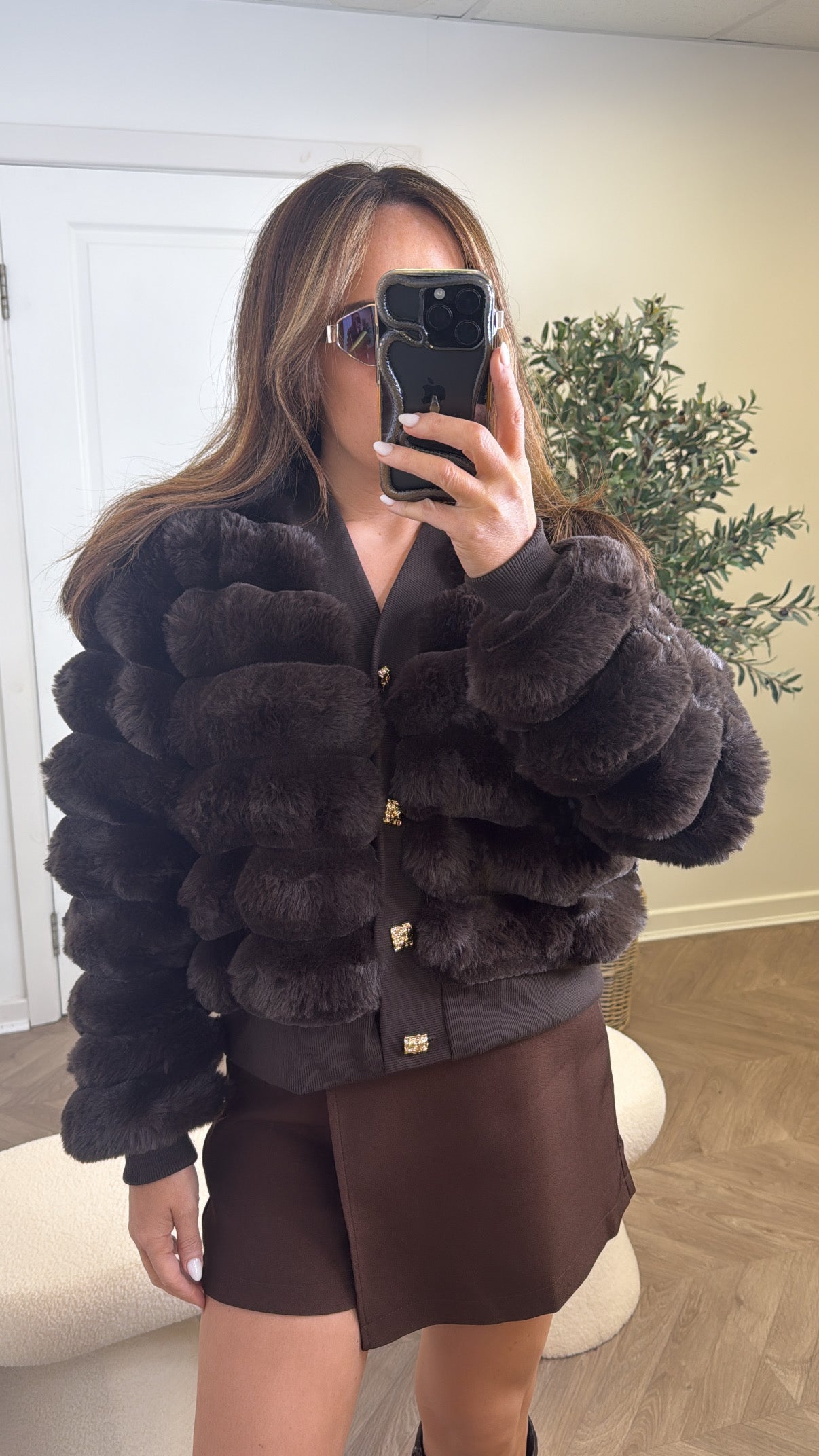 PORTIA dark chocolate faux fur cardigan