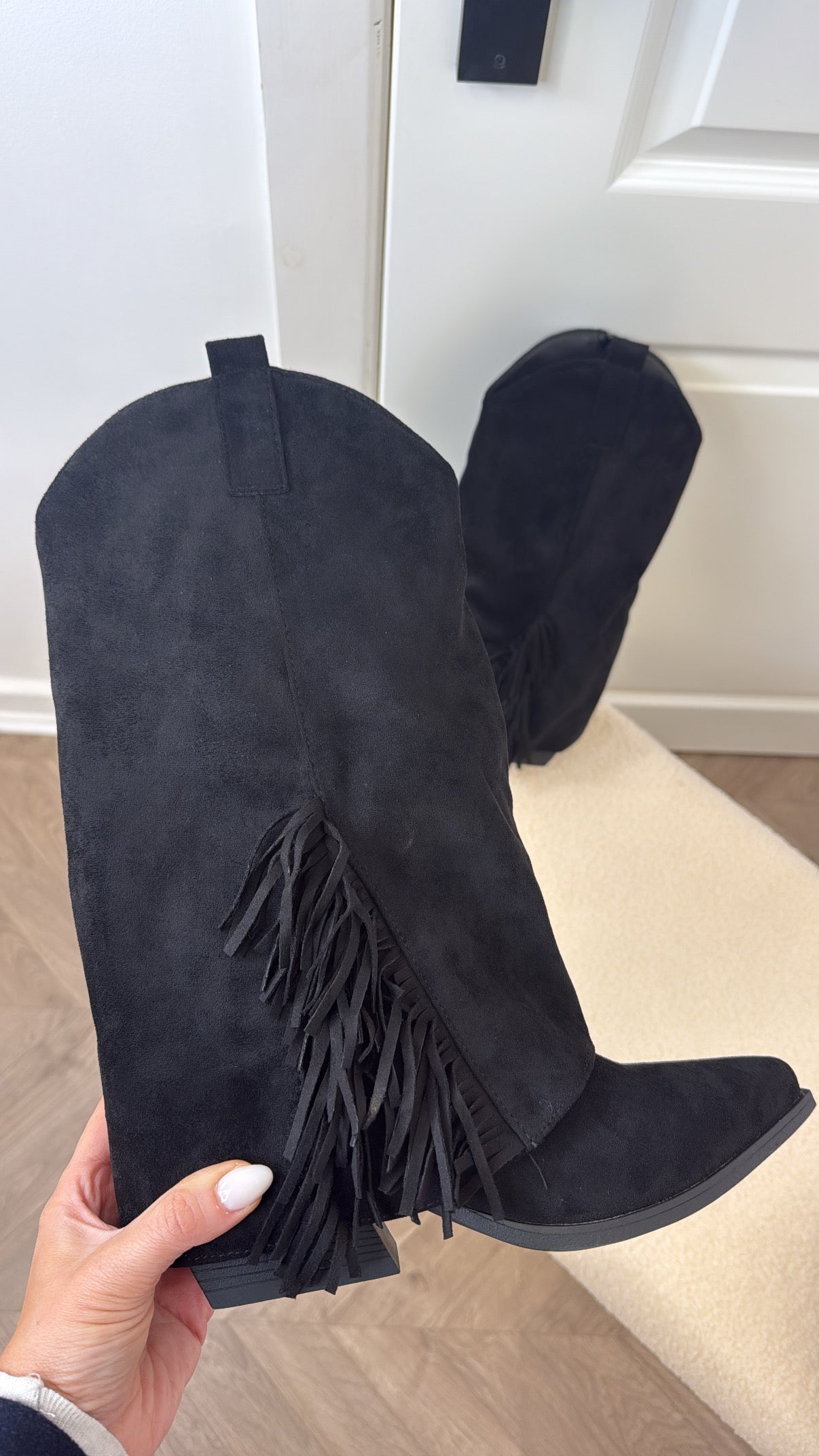 JESSICA black faux suede tassel cow boy boots