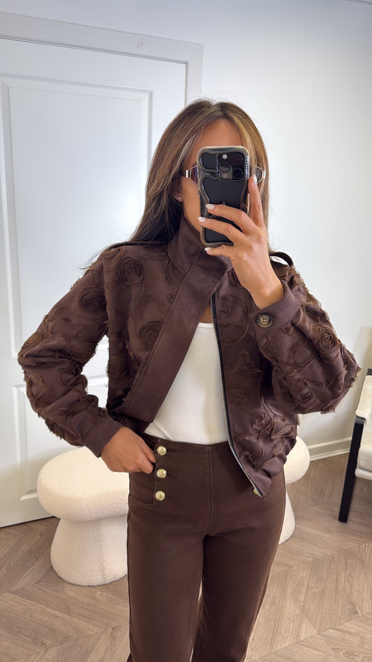 SAVANNAH brown faux suede applique bomber jacket