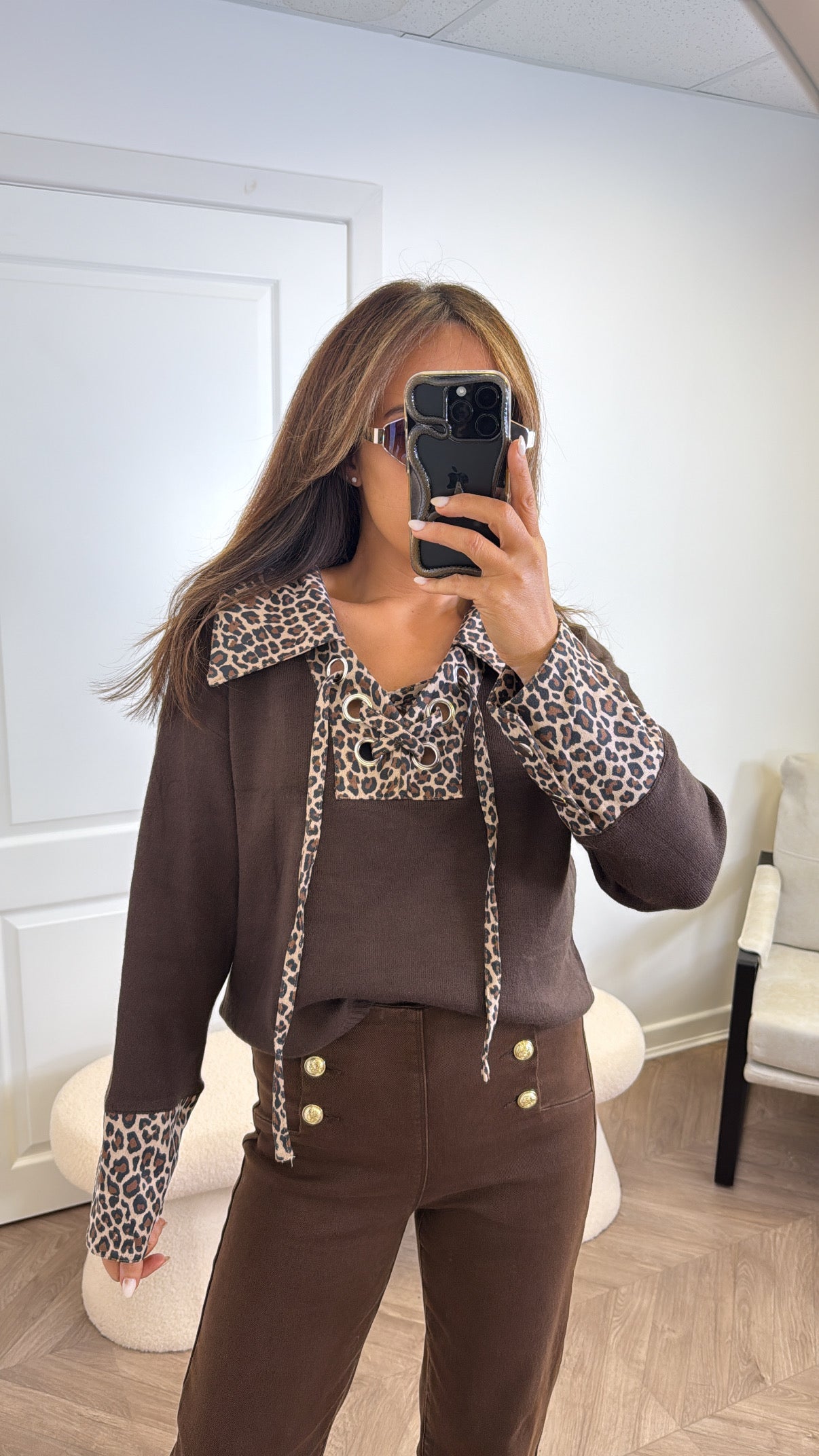 CHELSEA brown and leopard contrast jumper