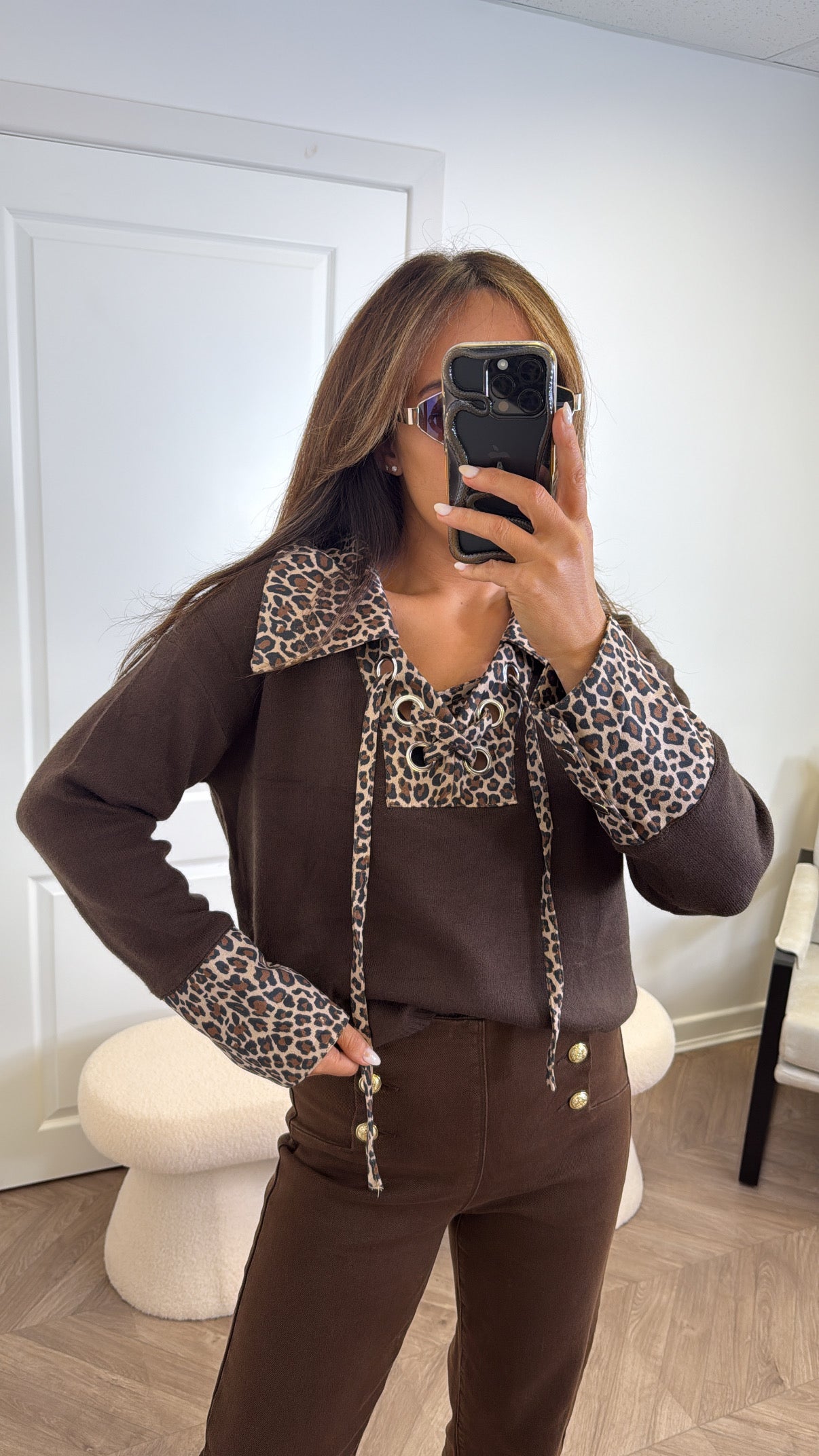 CHELSEA brown and leopard contrast jumper