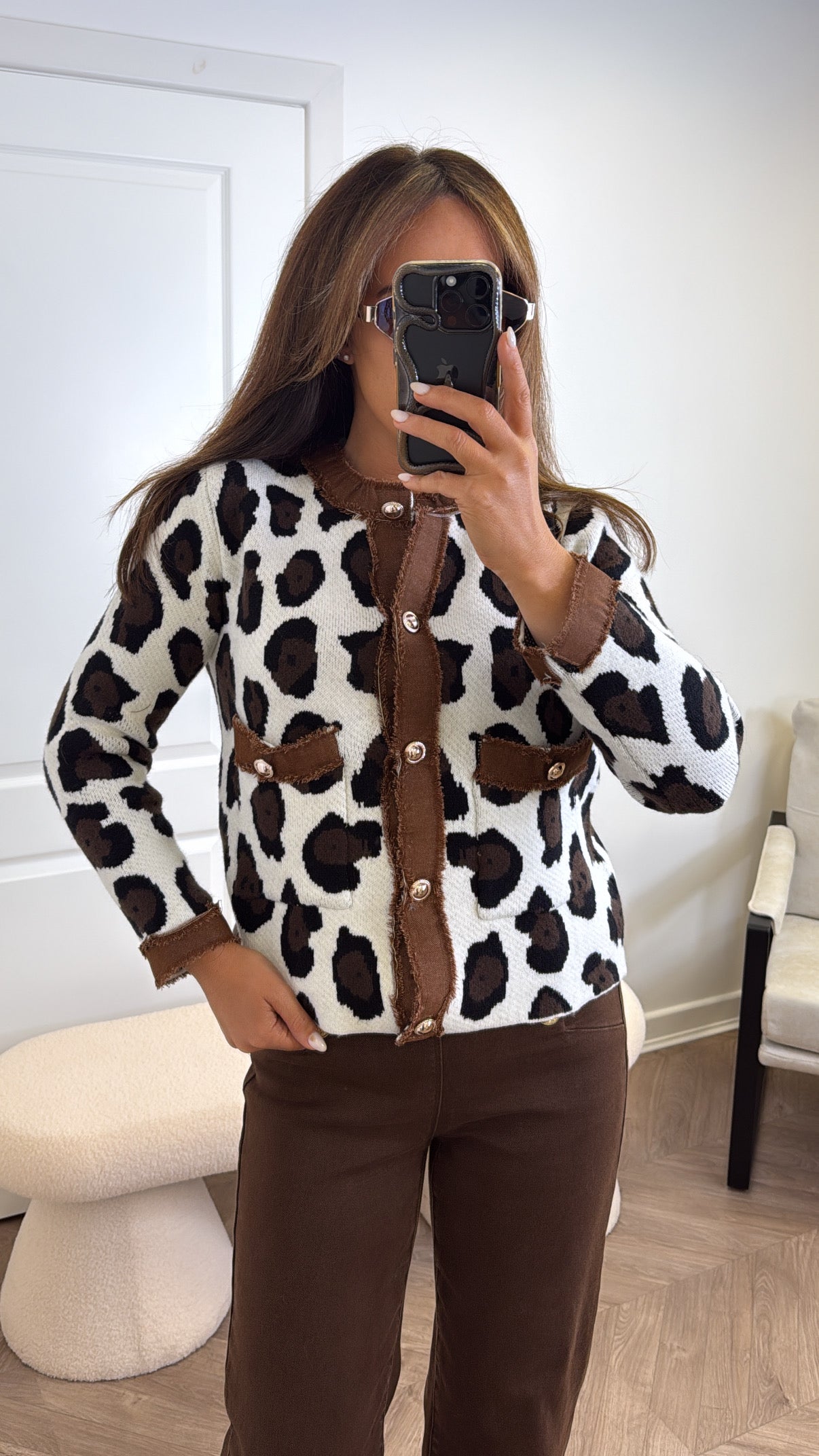 KENDELL white leopard gold button knitted cardigan